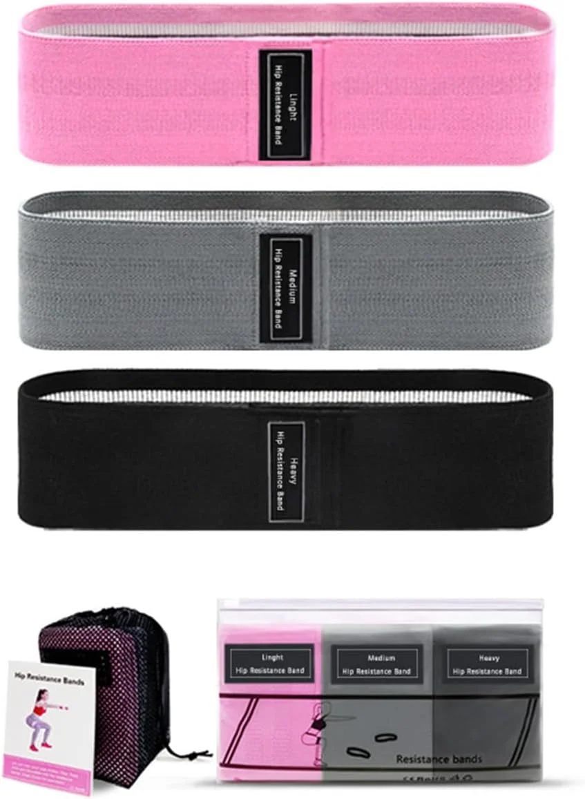 ست ۳ عددی کش های مقاومتی ورزشی برای پاها و باسن، کش های حلقه ای پارچه ای، بند یوگا تناسب اندام باشگاه، ضد لغزش، ۳ سطح مقاومت، کش های تمرینی برای زنان و مردان