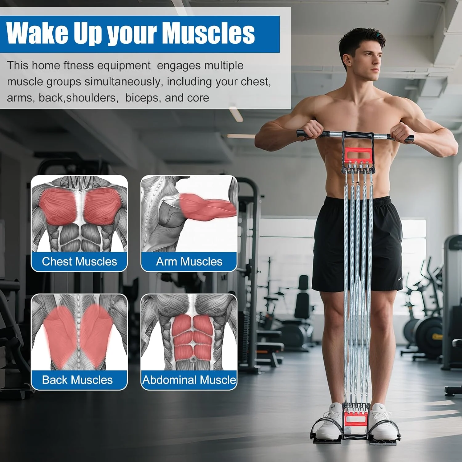 تقویت کننده فنری سینه، فرم دهنده شکم و تقویت مچ دست 3 در 1، میله بارفیکس فنری با 5 فنر فلزی، تقویت کننده سینه و بازو، تقویت کننده قدرت