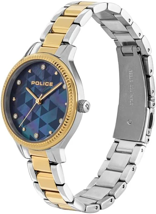 ساعت مچی زنانه پلیس تروپیا با صفحه آبی و بند استیل نقره ای-طلایی - 34 میلی متر