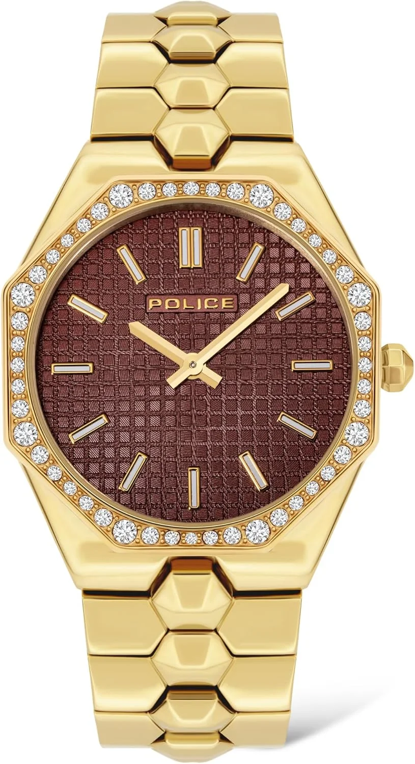 ساعت مچی آنالوگ زنانه پلیس مدل Montaria با صفحه قرمز و بند فلزی طلایی - 35 میلی متر