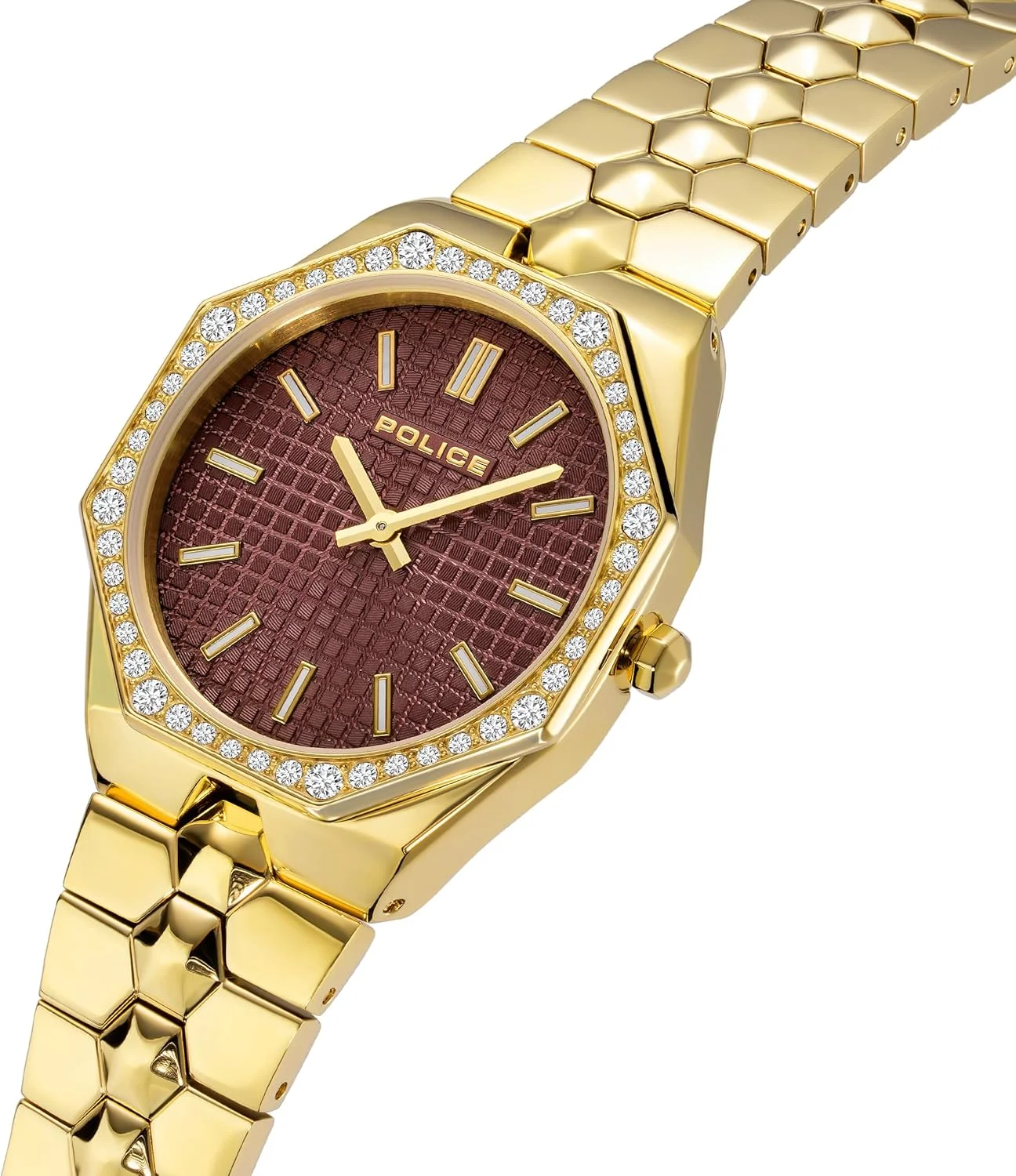 ساعت مچی آنالوگ زنانه پلیس مدل Montaria با صفحه قرمز و بند فلزی طلایی - 35 میلی متر