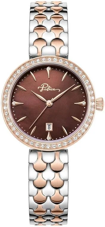 ساعت مچی زنانه پلیس مدل Ophidia با صفحه صدف شکلاتی تیره 28 میلی‌متری، نشانگرهای رزگلد و بند استیل ضد زنگ 316L