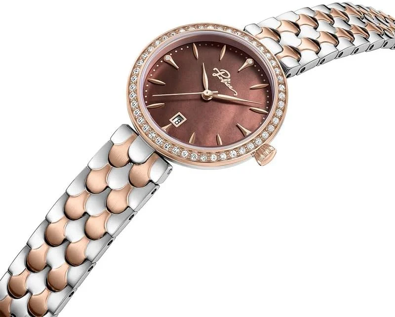 ساعت مچی زنانه پلیس مدل Ophidia با صفحه صدف شکلاتی تیره 28 میلی‌متری، نشانگرهای رزگلد و بند استیل ضد زنگ 316L