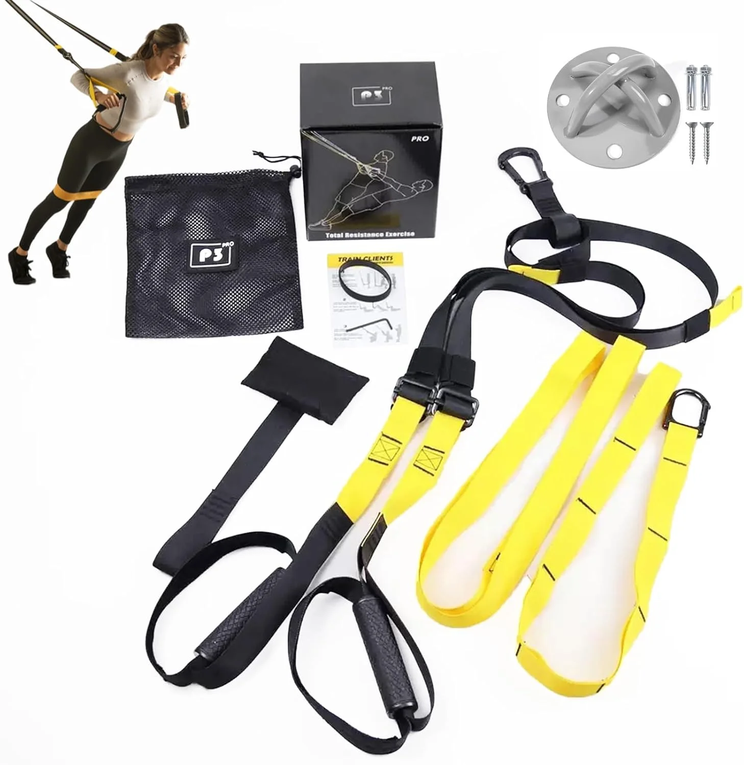 کیت تمرین معلق، تمرین با بند با لنگر درب، ست بند تناسب اندام چند منظوره قابل تنظیم برای باشگاه خانگی و تمرینات حرفه ای تمام بدن در فضای باز 6 تکه (مشکی زرد)