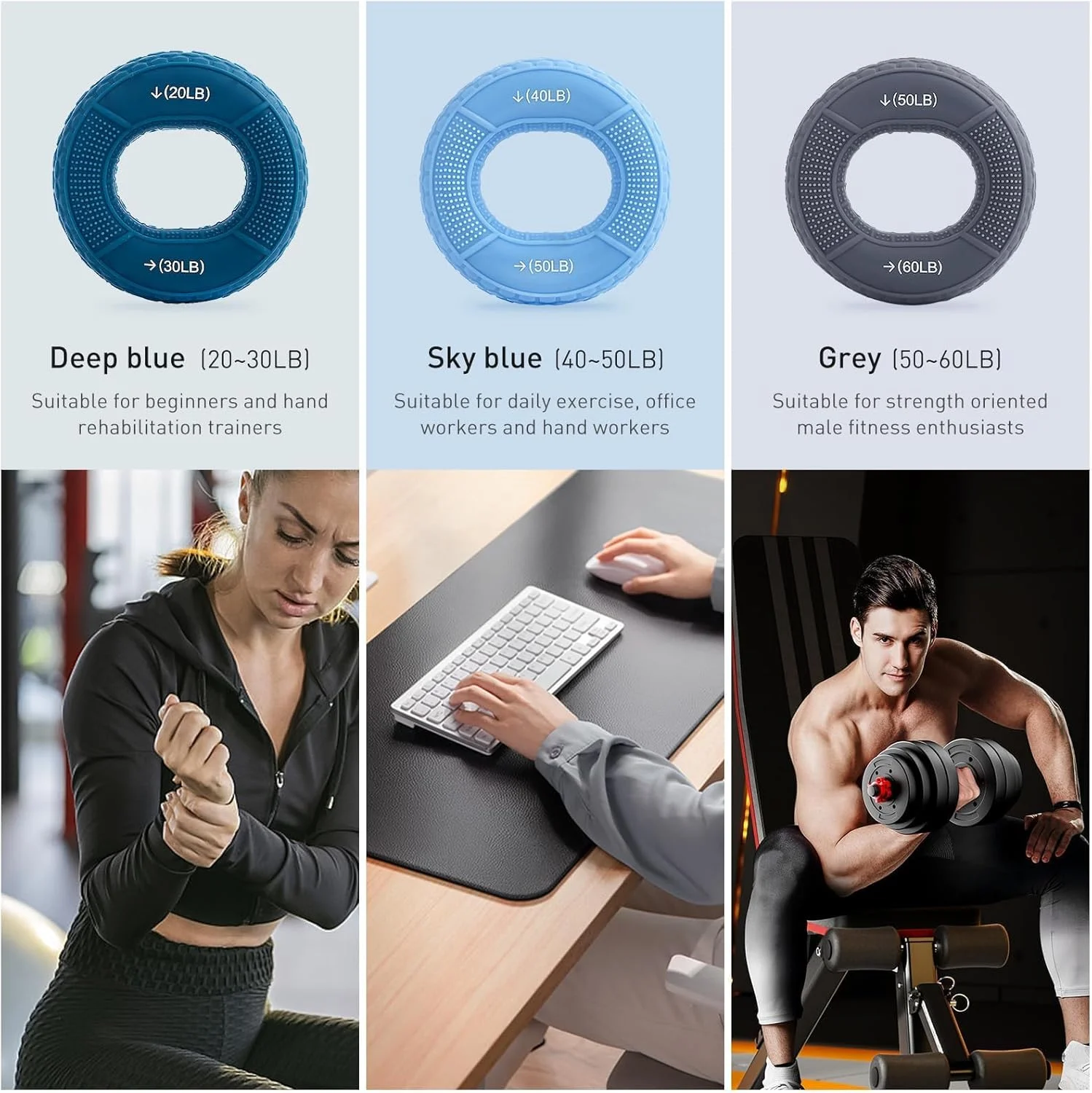 ست ۳ عددی تقویت کننده مچ دست، تمرین انگشتان، حلقه های سیلیکونی برای تمرین عضلات، صخره نوردی ورزشی، تمرین توانبخشی، تقویت کننده عضلات دست و مچ، کاهش استرس، ۵ سطح مقاومت