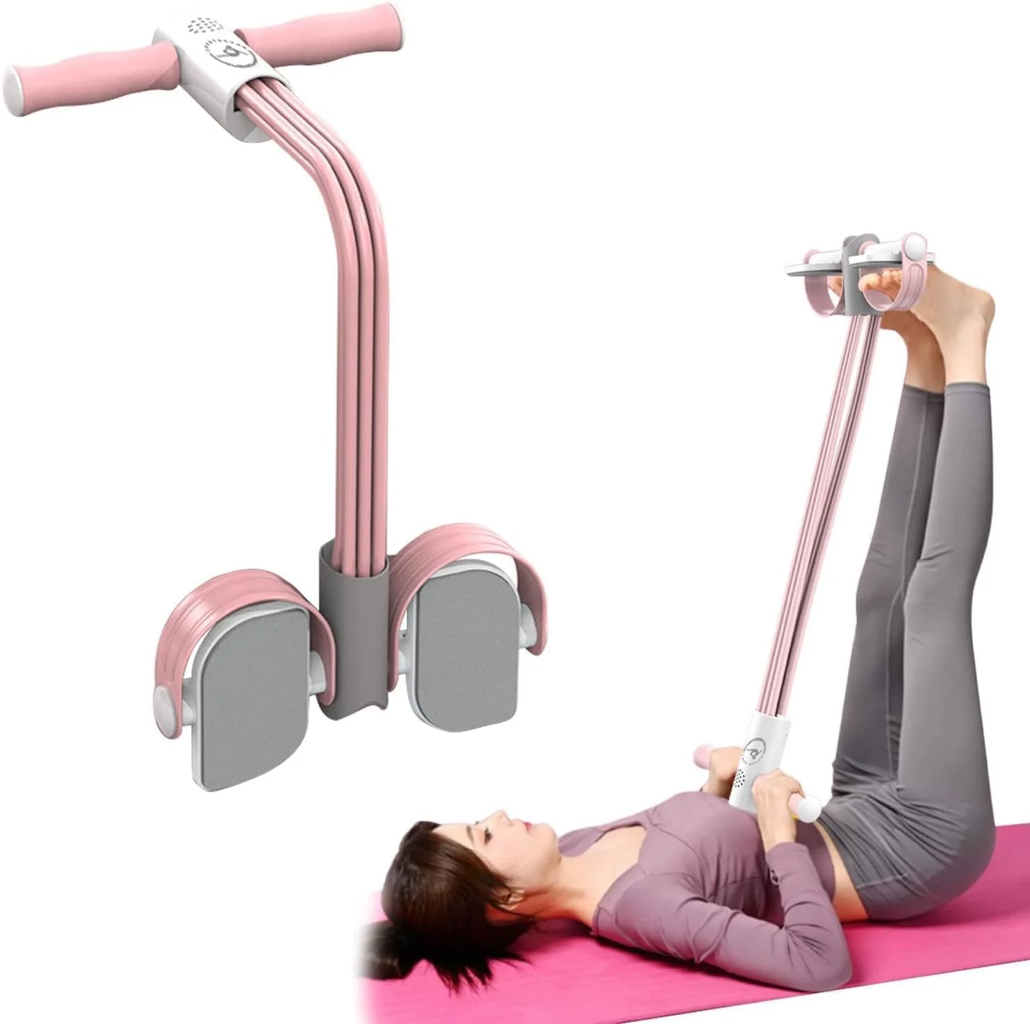 کشنده پدالی چند منظوره BIGTHREE، کشنده طناب مقاومت پدالی، کشنده دراز و نشست، با طناب 6 لوله و شمارنده الکترونیکی، تمرین دهنده برای تمرینات شکم، پا و تمرینات یوگا، صورتی.