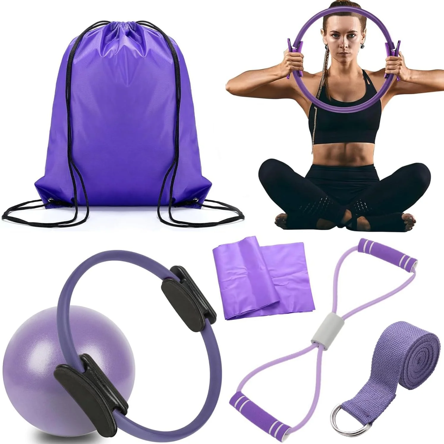 ست حلقه پیلاتس 6 تکه برای بانوان، تجهیزات تمرین در خانه، کمربند کششی، توپ ورزشی پیلاتس 25 سانتی متری، کش مقاومتی برای پاها، بازوها و ران ها (بنفش)