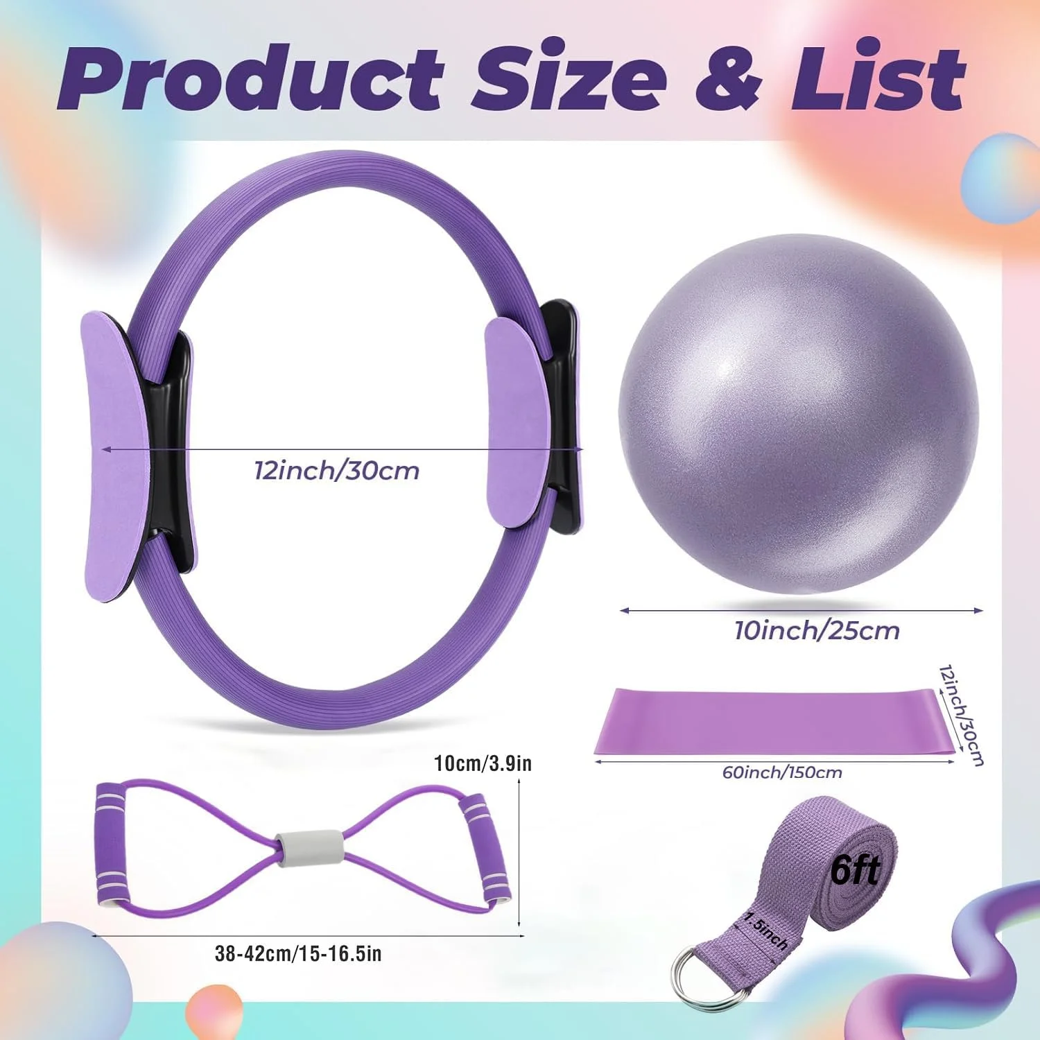 ست حلقه پیلاتس 6 تکه برای بانوان، تجهیزات تمرین در خانه، کمربند کششی، توپ ورزشی پیلاتس 25 سانتی متری، کش مقاومتی برای پاها، بازوها و ران ها (بنفش)