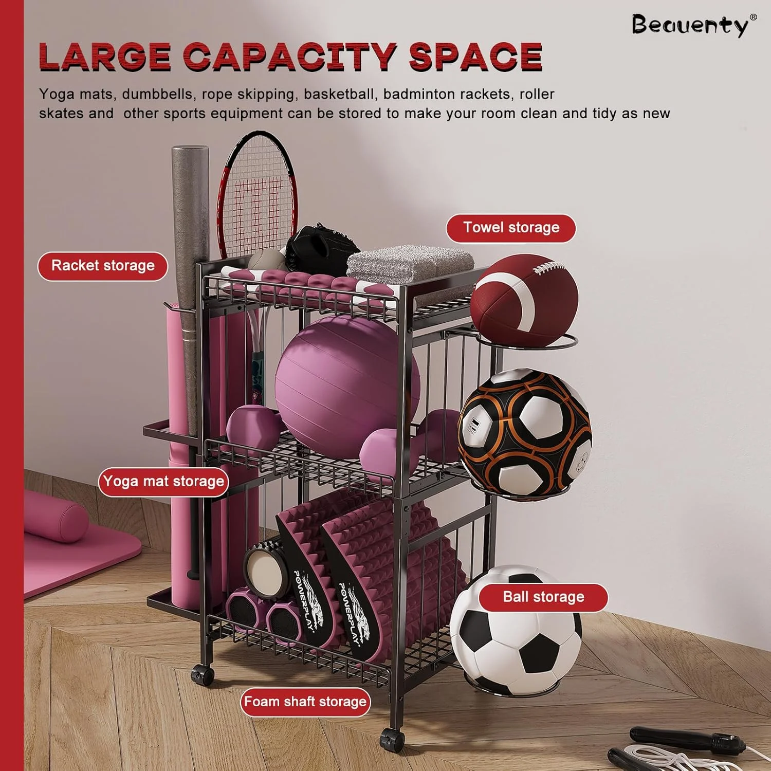 قفسه نگهداری مت یوگا Beauenty، قفسه 3 طبقه سازمان دهنده تجهیزات ورزشی باشگاه خانگی با چرخ برای مت یوگا، فوم رولر، دمبل و کتل بل