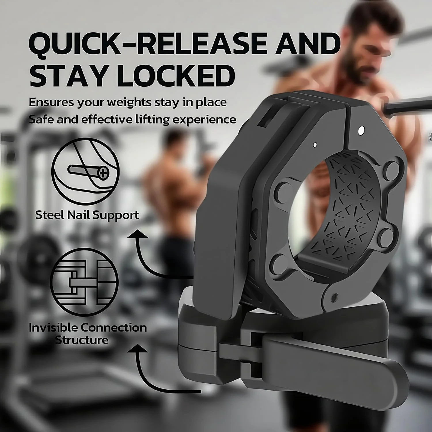 گیره هالتر (جفت)، بست هالتر، بست های هالتر المپیک با رهاسازی سریع و دسته TPR ضد لغزش، گیره های هالتر برای وزنه برداری و پاورلیفتینگ ایمن (مشکی)