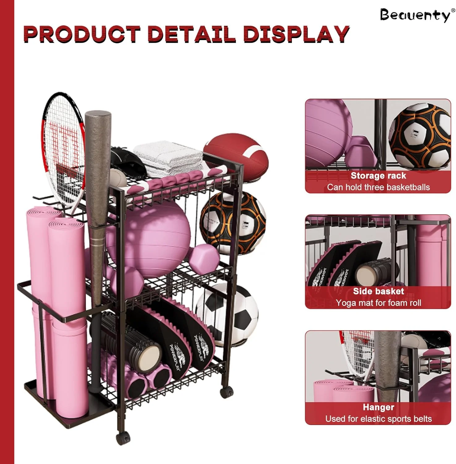قفسه نگهداری مت یوگا Beauenty، قفسه 3 طبقه سازمان دهنده تجهیزات ورزشی باشگاه خانگی با چرخ برای مت یوگا، فوم رولر، دمبل و کتل بل