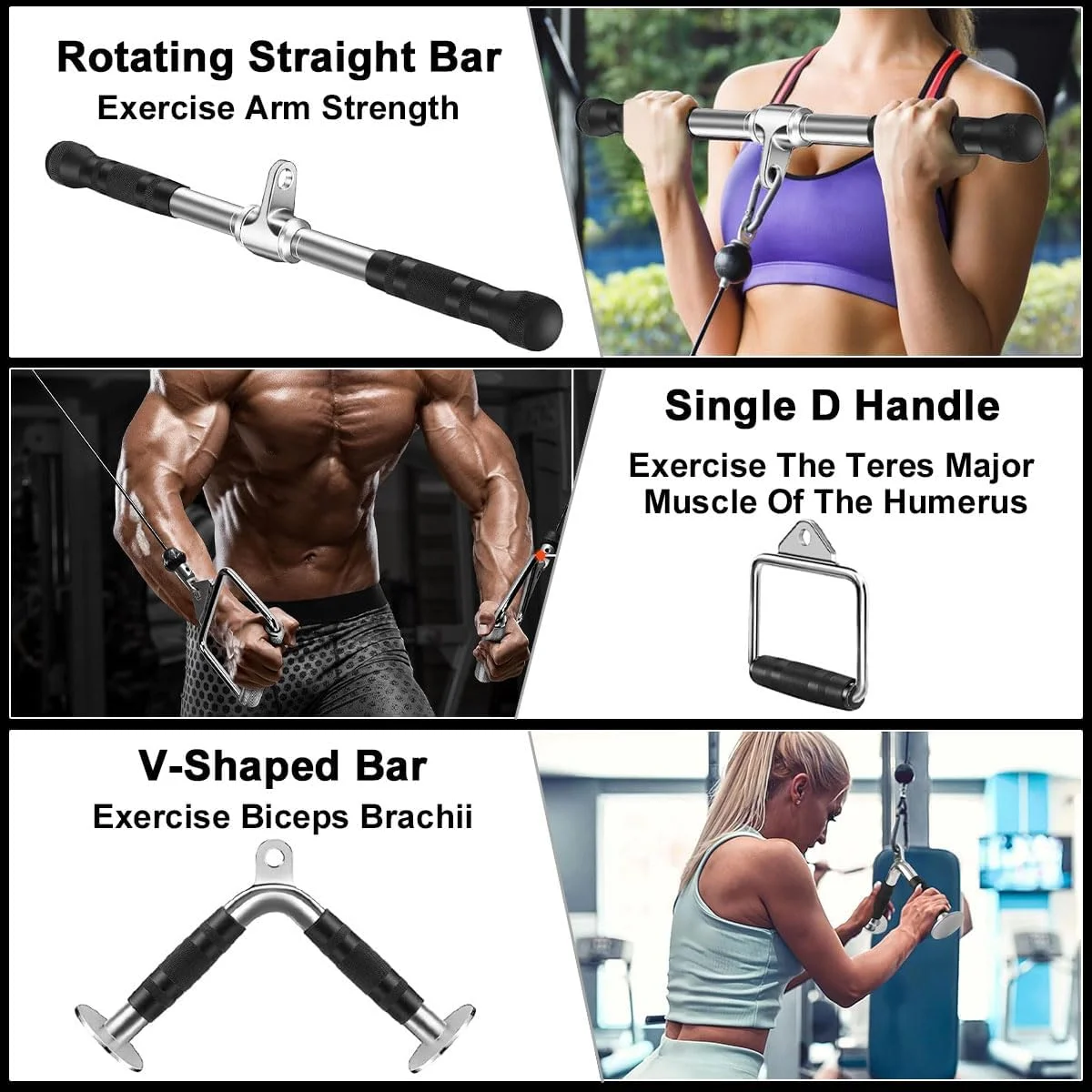 اتصالات دستگیره کابل برای تمرینات زیربغل و پشت بازو، مجموعه لوازم جانبی دستگاه سیم کش برای باشگاه خانگی، شامل دستگیره V، دستگیره D، میله صاف چرخشی V شکل، طناب پشت بازو و بند مچ پا