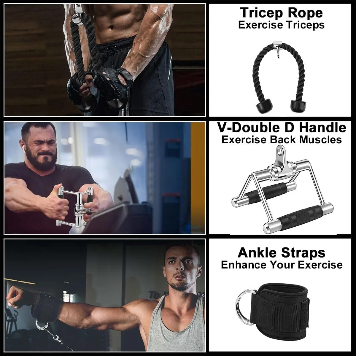 اتصالات دستگیره کابل برای تمرینات زیربغل و پشت بازو، مجموعه لوازم جانبی دستگاه سیم کش برای باشگاه خانگی، شامل دستگیره V، دستگیره D، میله صاف چرخشی V شکل، طناب پشت بازو و بند مچ پا