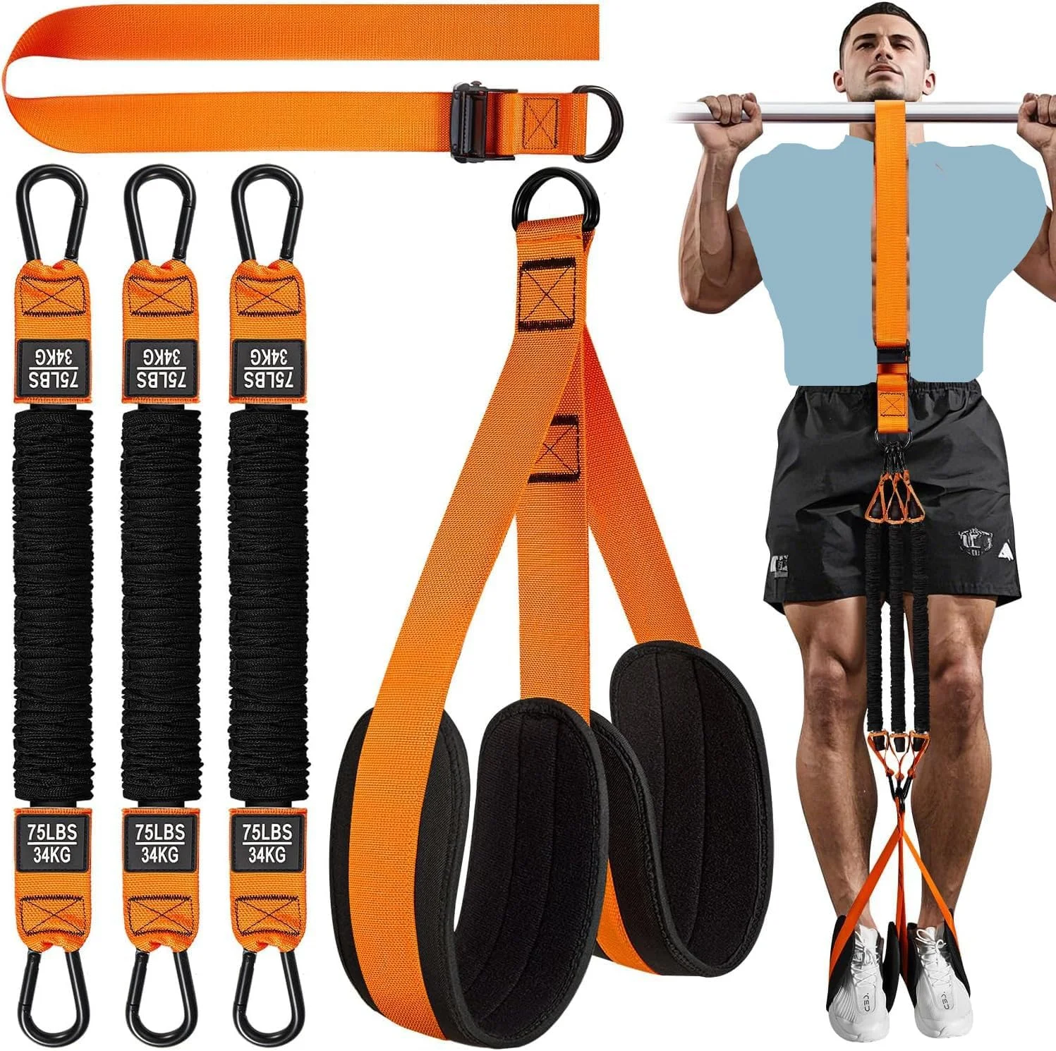 کش های کمکی بارفیکس، کش مقاومتی سنگین برای میله بارفیکس، وزن/اندازه قابل تنظیم با تکیه گاه پارچه ای پا/زانو، کش های کمکی بارفیکس برای تمرینات قدرتی