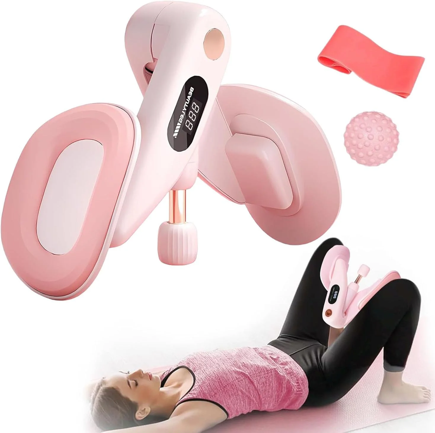 تمرین دهنده ران Angju، تمرین دهنده کگل برای عضلات کف لگن، تمرین دهنده قسمت داخلی ران با توپ ماساژ نوار مقاومتی برای تمرینات خانگی، تمرینات بعد از زایمان، عضلات سرینی، باسن، بازوها و پشت