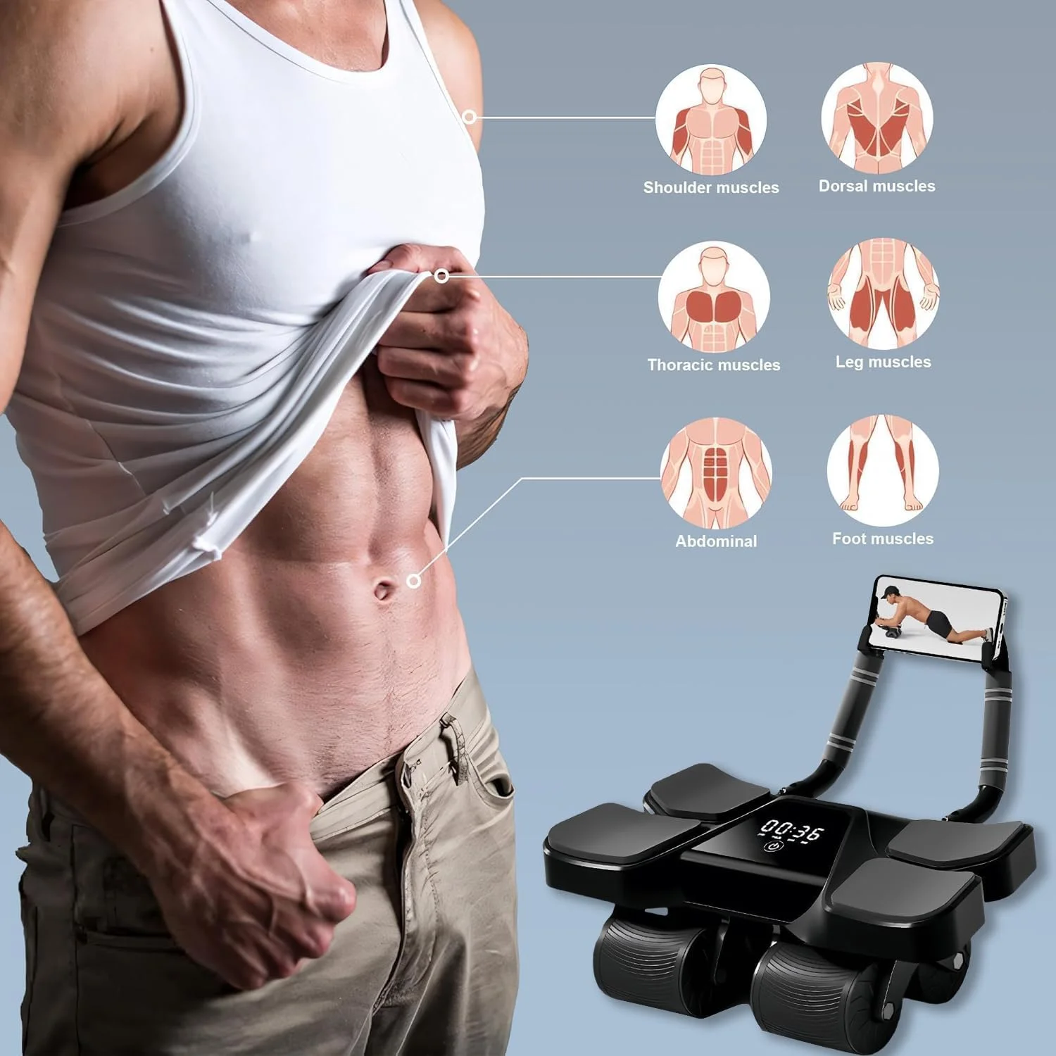 غلتک شکم چهار چرخ Angju با پشتیبانی آرنج، جدیدترین دستگاه ورزشی ارتقا یافته با کارایی بالا با برگشت خودکار، طراحی چند لایه ضد لغزش با صفحه نمایش LCD شمارش کالری