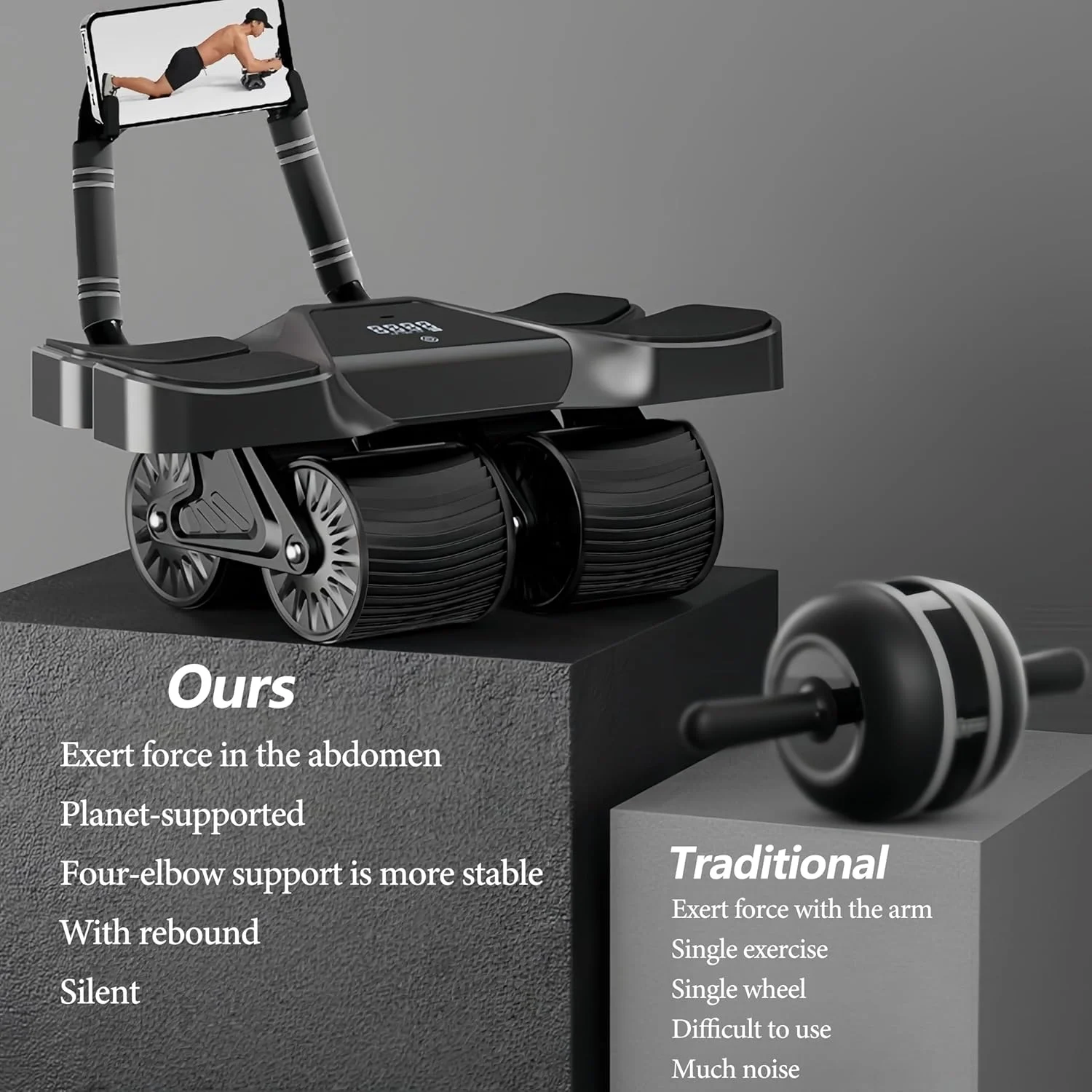 غلتک شکم چهار چرخ Angju با پشتیبانی آرنج، جدیدترین دستگاه ورزشی ارتقا یافته با کارایی بالا با برگشت خودکار، طراحی چند لایه ضد لغزش با صفحه نمایش LCD شمارش کالری