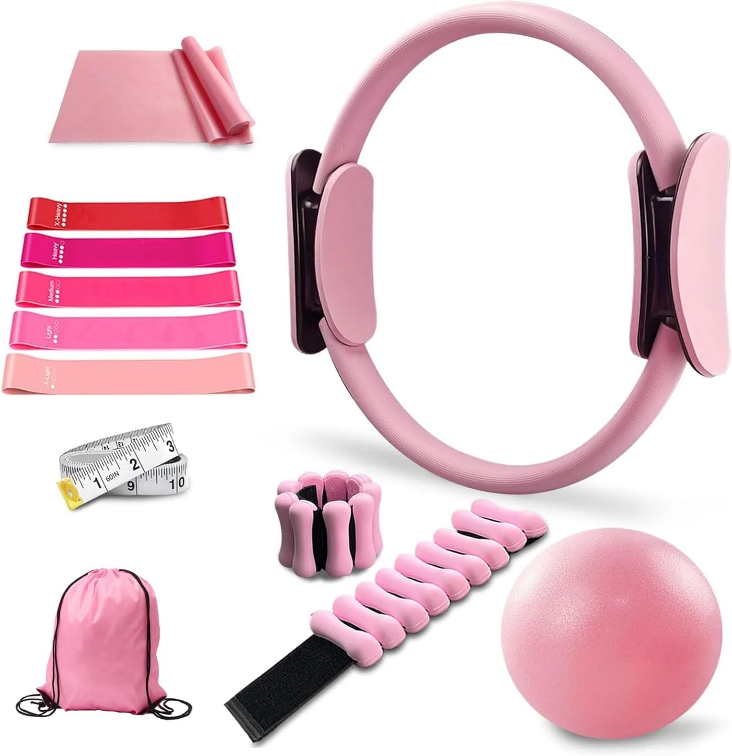 ست حلقه پیلاتس 11 تکه، حلقه یوگا دایره جادویی، توپ پیلاتس، وزنه مچ پا قابل تنظیم، باندهای مقاومتی، متر نواری، لوازم جانبی تجهیزات کیت پیلاتس برای تمرینات خانگی یوگا بانوان