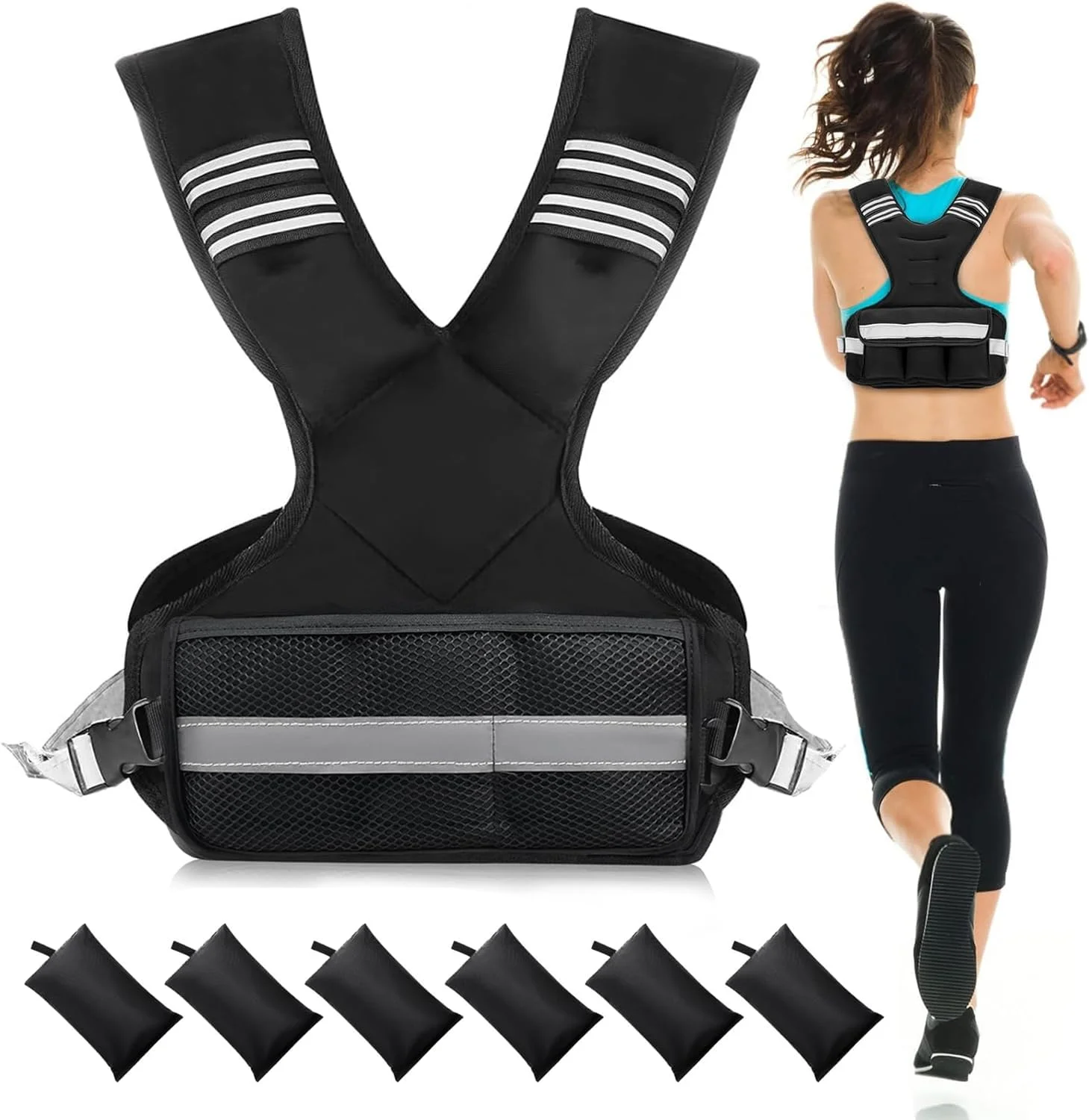 جلیقه وزنه دار قابل تنظیم برای خانم ها و آقایان، جلیقه وزنه دار 4-10 پوندی/11-20 پوندی برای پیاده روی، جلیقه وزنه دار بدنسازی با 6 وزنه شنی و نوار بازتابنده برای تمرینات قدرتی، دویدن، ورزش و کاردیو