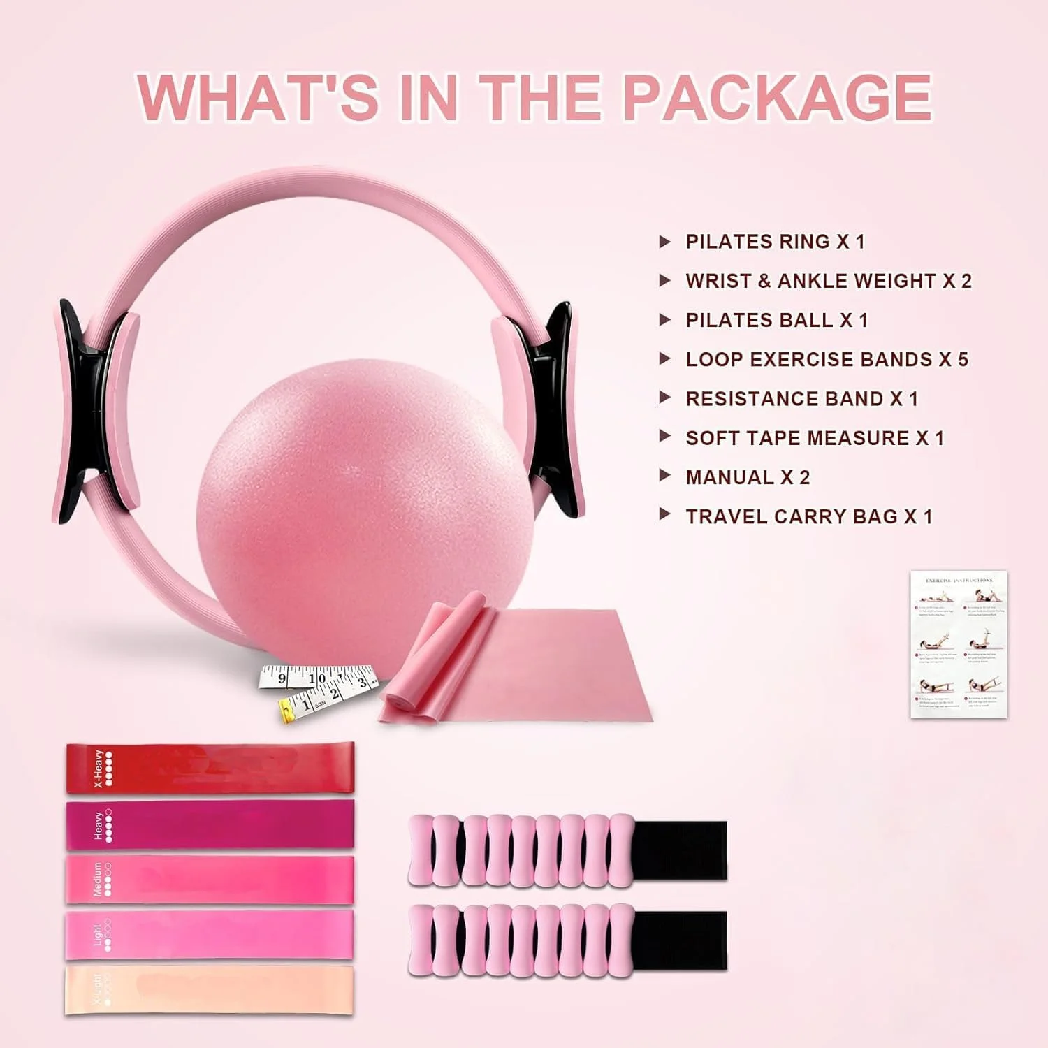 ست حلقه پیلاتس 11 تکه، حلقه یوگا دایره جادویی، توپ پیلاتس، وزنه مچ پا قابل تنظیم، باندهای مقاومتی، متر نواری، لوازم جانبی تجهیزات کیت پیلاتس برای تمرینات خانگی یوگا بانوان
