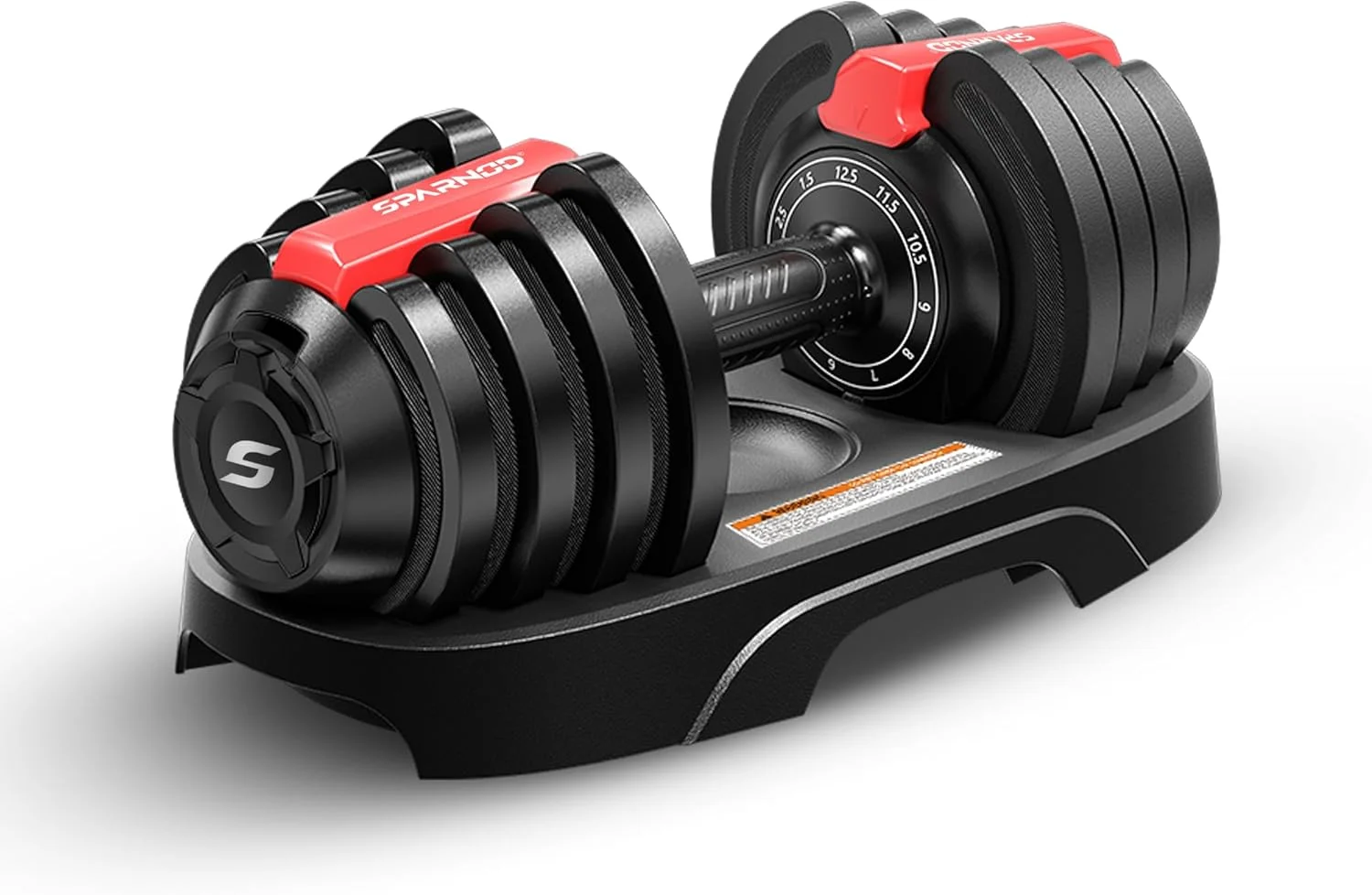 دمبل قابل تنظیم اسپارنود فیتنس SAD 12.5، با 11 سطح وزنی (1.5–12.5 کیلوگرم)، قفل ایمنی تنظیم سریع با یک دست و پایه نگهداری، دسته ارگونومیک ضد لغزش، ساختار فولادی ممتاز