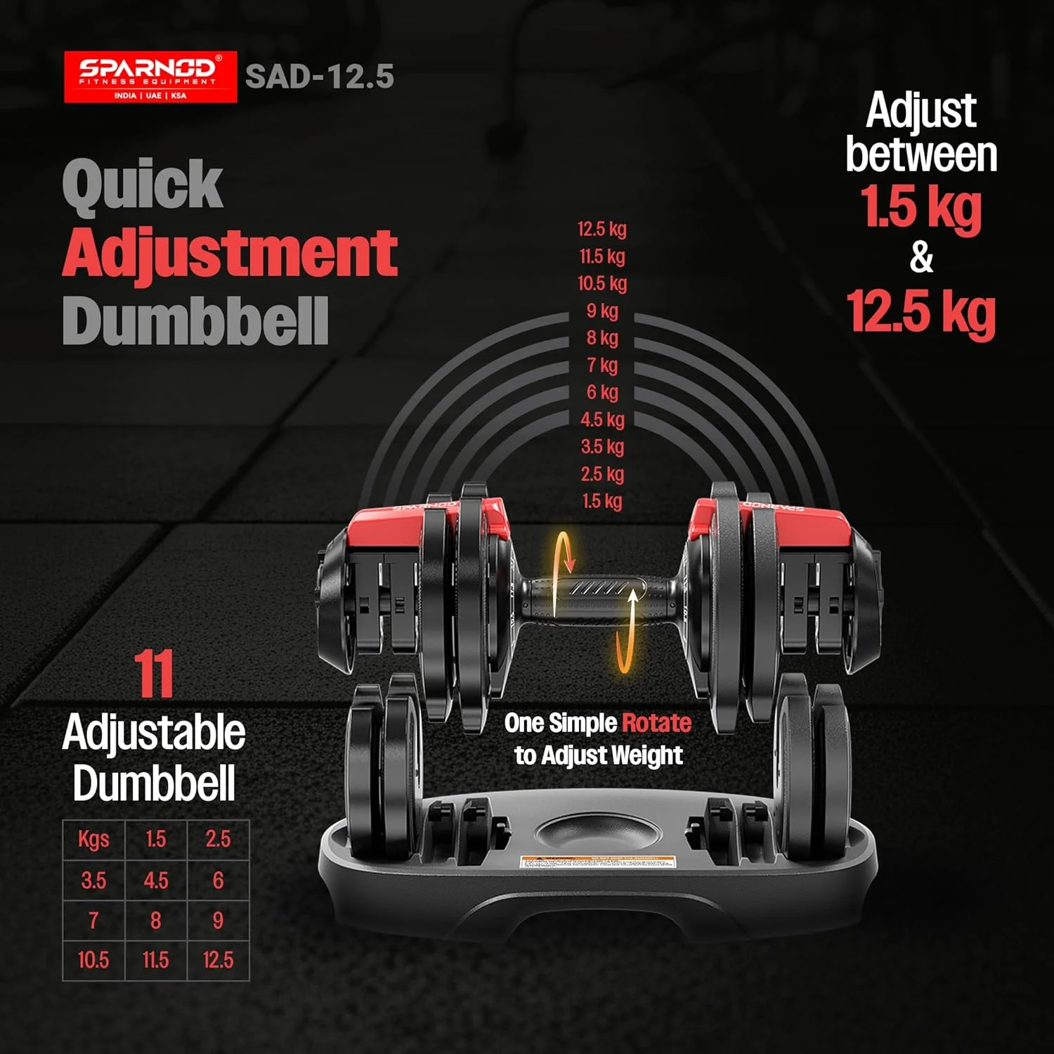 دمبل قابل تنظیم اسپارنود فیتنس SAD 12.5، با 11 سطح وزنی (1.5–12.5 کیلوگرم)، قفل ایمنی تنظیم سریع با یک دست و پایه نگهداری، دسته ارگونومیک ضد لغزش، ساختار فولادی ممتاز دمبل قابل تنظیم اسپارنود فیتنس SAD 12.5، با 11 سطح وزنی (1.5–12.5 کیلوگرم)، قفل ایمنی تنظیم سریع با یک دست و پایه نگهداری، دسته ارگونومیک ضد لغزش، ساختار فولادی ممتاز