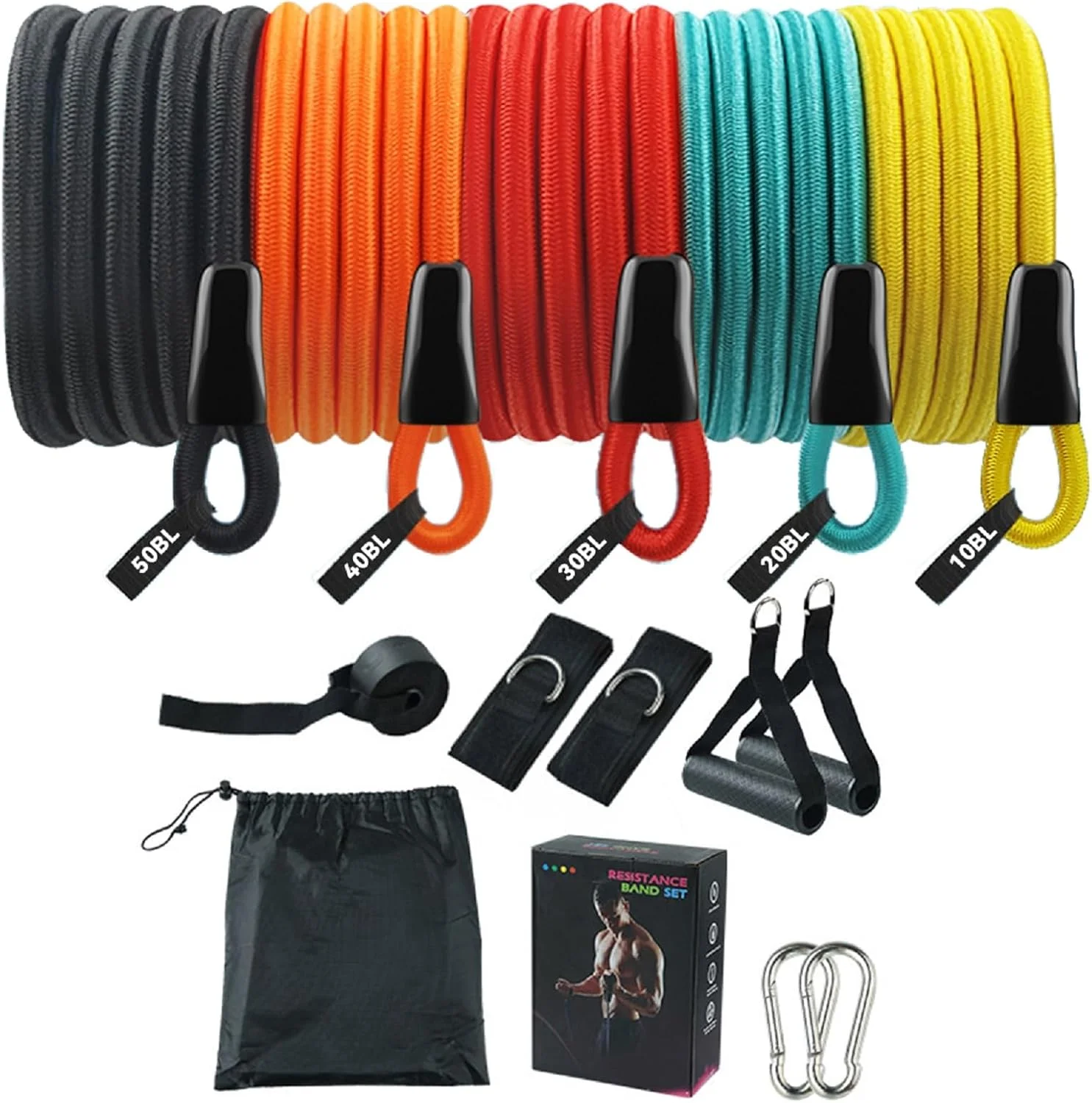 ست ۱۴ تکه کش های مقاومتی با دسته، لنگر در، بند مچ پا، دفترچه راهنمای تمرین و کیف حمل - ایده آل برای تناسب اندام در خانه، یوگا، پیلاتس، کشش و تمرینات قدرتی برای مردان و زنان