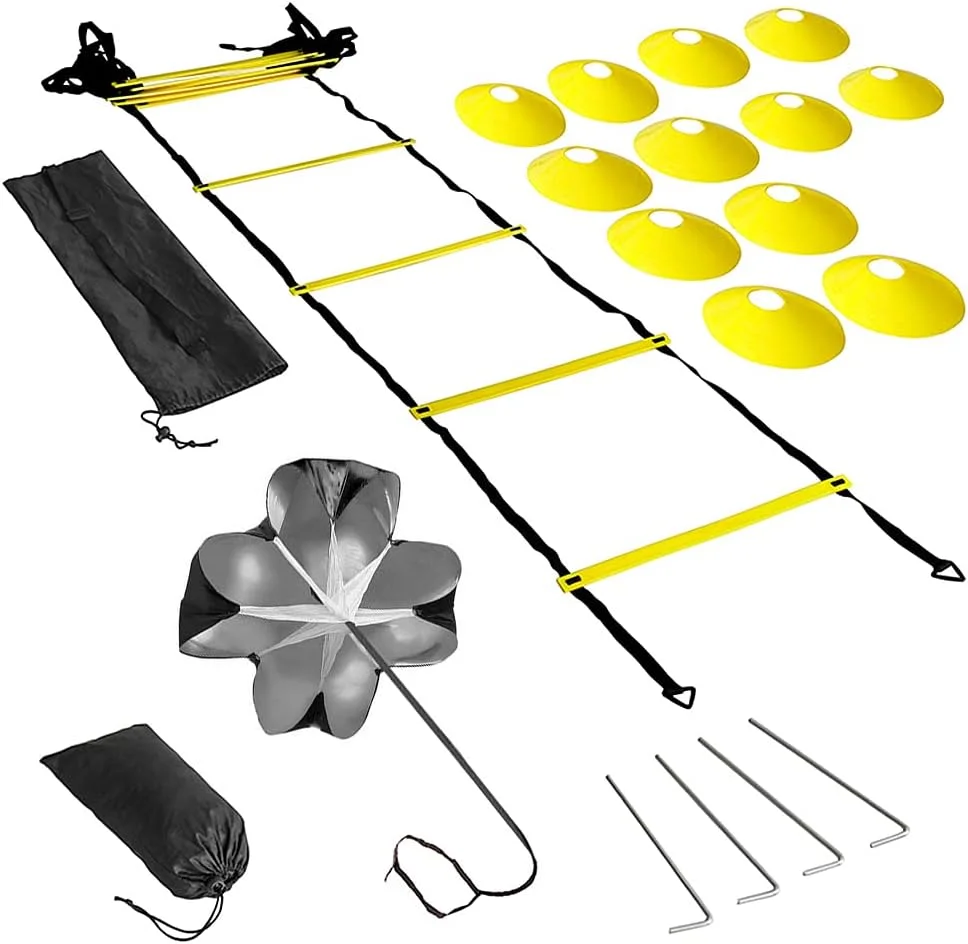 کیت تمرین چابکی و سرعت، نردبان چابکی فوتبال با 12 پله، 12 مخروط و 4 میخ، تجهیزات تمرین فوتبال، کیت تمرین چابکی و سرعت برای فوتبال، بسکتبال، بیسبال، هاکی