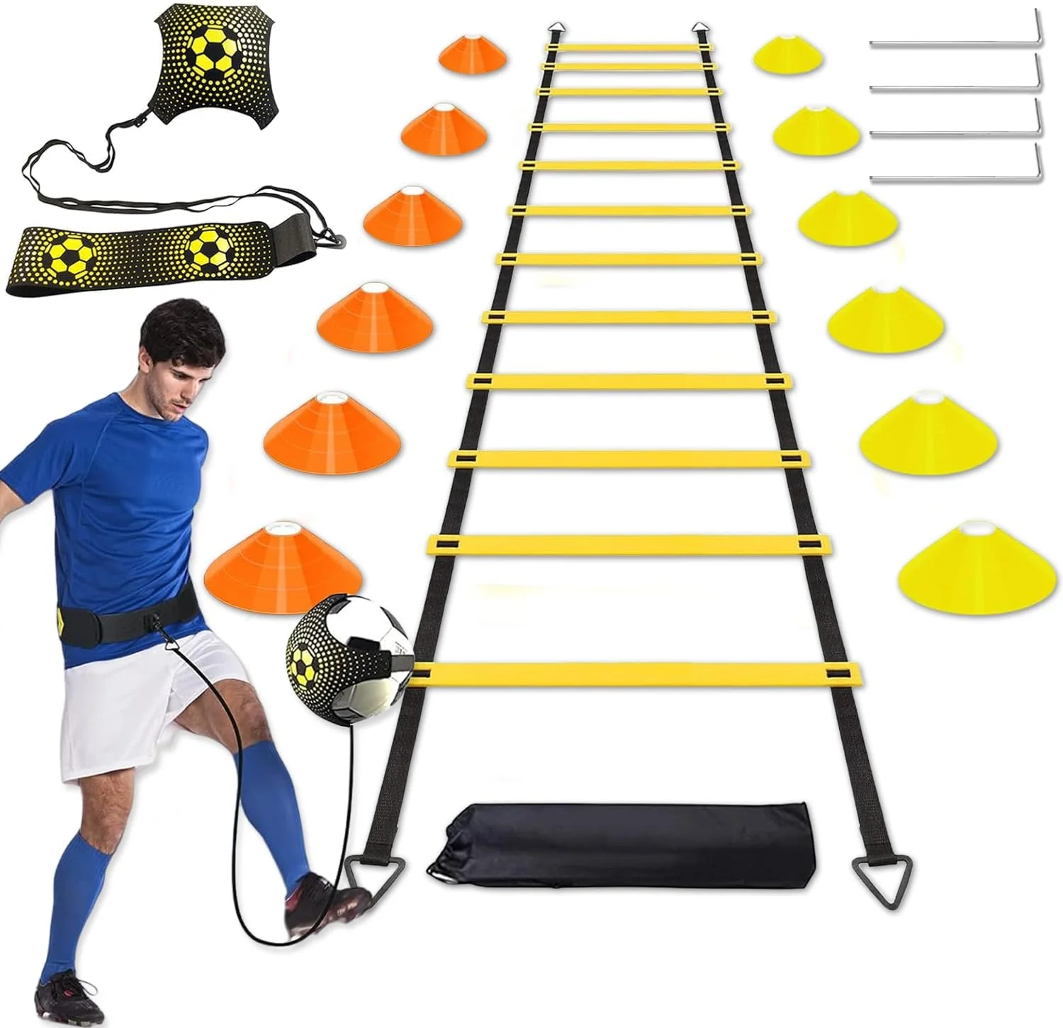 مجموعه تمرینات چابکی و سرعت فوتبال شامل نردبان چابکی، ۱۲ مخروط ورزشی و تمرین دهنده ضربه فوتبال، تجهیزات تمرین فوتبال، تمرینات پا برای کودکان و بزرگسالان