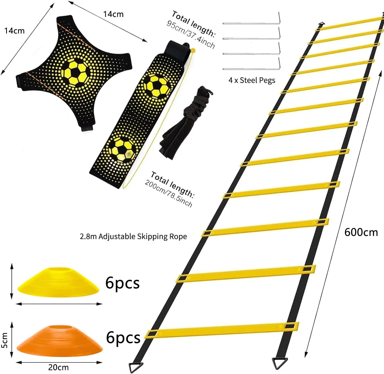 مجموعه تمرینات چابکی و سرعت فوتبال شامل نردبان چابکی، ۱۲ مخروط ورزشی و تمرین دهنده ضربه فوتبال، تجهیزات تمرین فوتبال، تمرینات پا برای کودکان و بزرگسالان