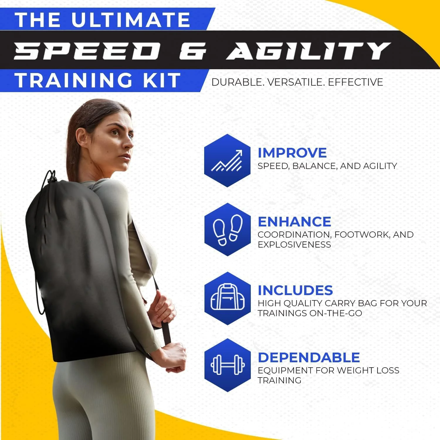 ست تجهیزات تمرین سرعت و چابکی SKADE، نردبان های چابکی فوتبال آبی و زرد، مخروط ها، ست مانع، چتر، طناب و کیف حمل، تجهیزات تمرین فوتبال کودکان و بزرگسالان