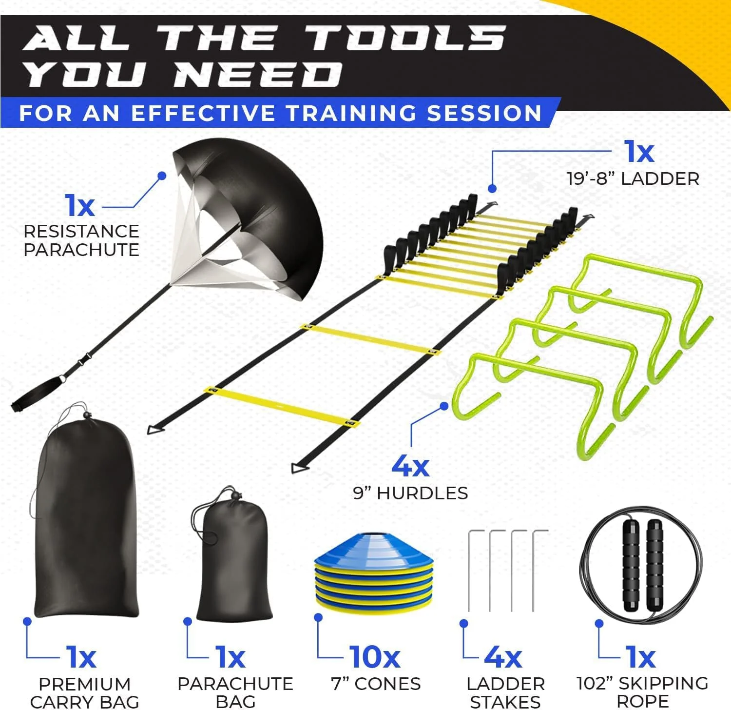 ست تجهیزات تمرین سرعت و چابکی SKADE، نردبان های چابکی فوتبال آبی و زرد، مخروط ها، ست مانع، چتر، طناب و کیف حمل، تجهیزات تمرین فوتبال کودکان و بزرگسالان