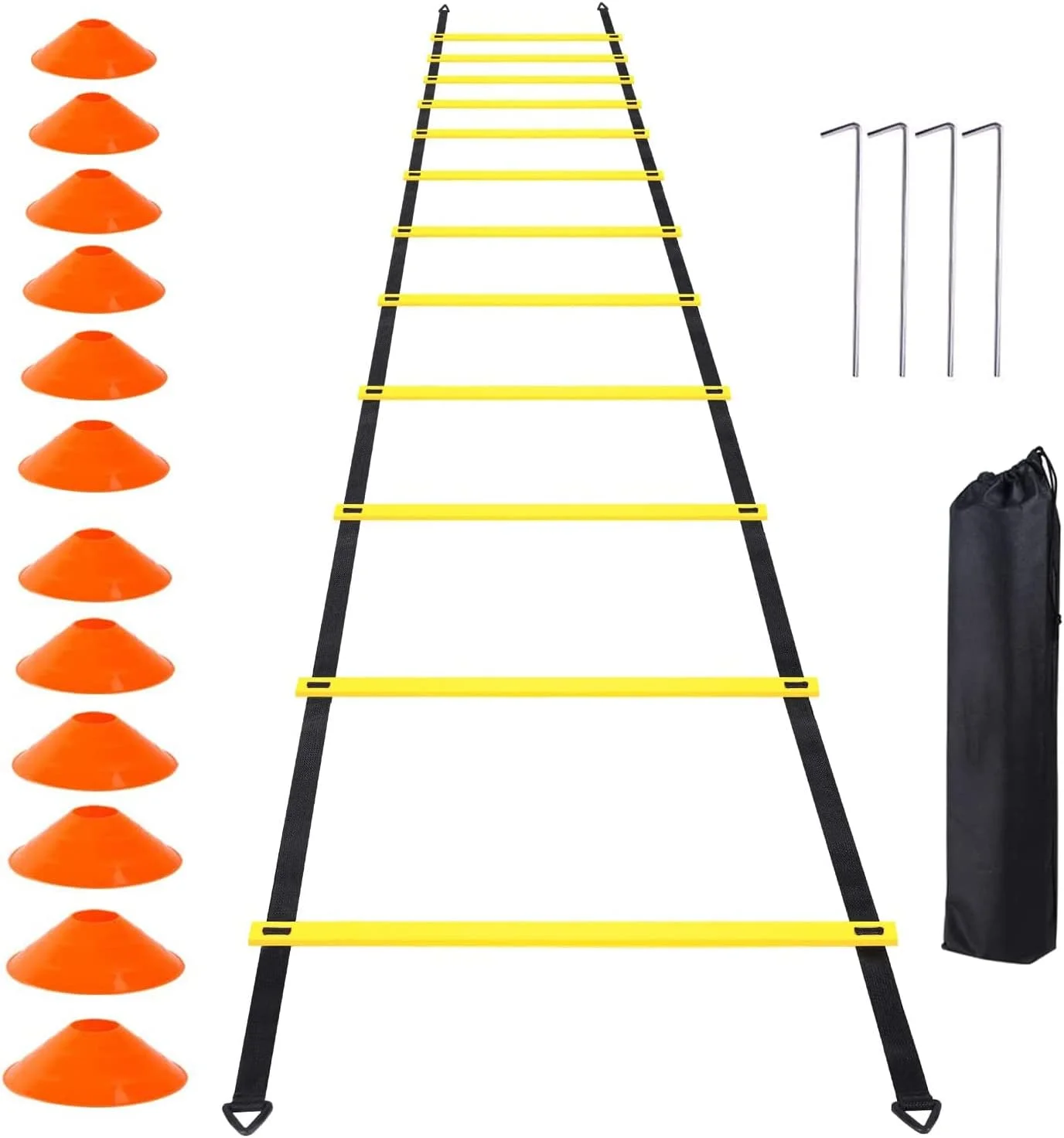 نردبان چابکی آرابست - نردبان سرعت 6 متری 12 پله ای با 12 مخروط چابکی و 4 میخ فولادی، تجهیزات تمرین سرعت با کیف حمل برای فوتبال، سرعت، تمرین ورزشی