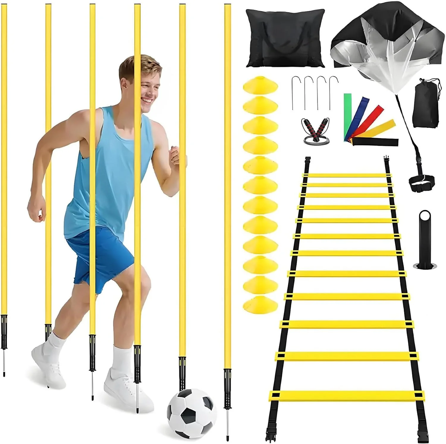 تجهیزات تمرین چابکی فوتبال، کیت سرعت و چابکی ورزشی، 6 میله چابکی، نردبان سرعت ورزشی 20 فوتی، 12 مخروط دیسکی، چتر مقاومت، طناب پرش، 5 کش مقاومتی
