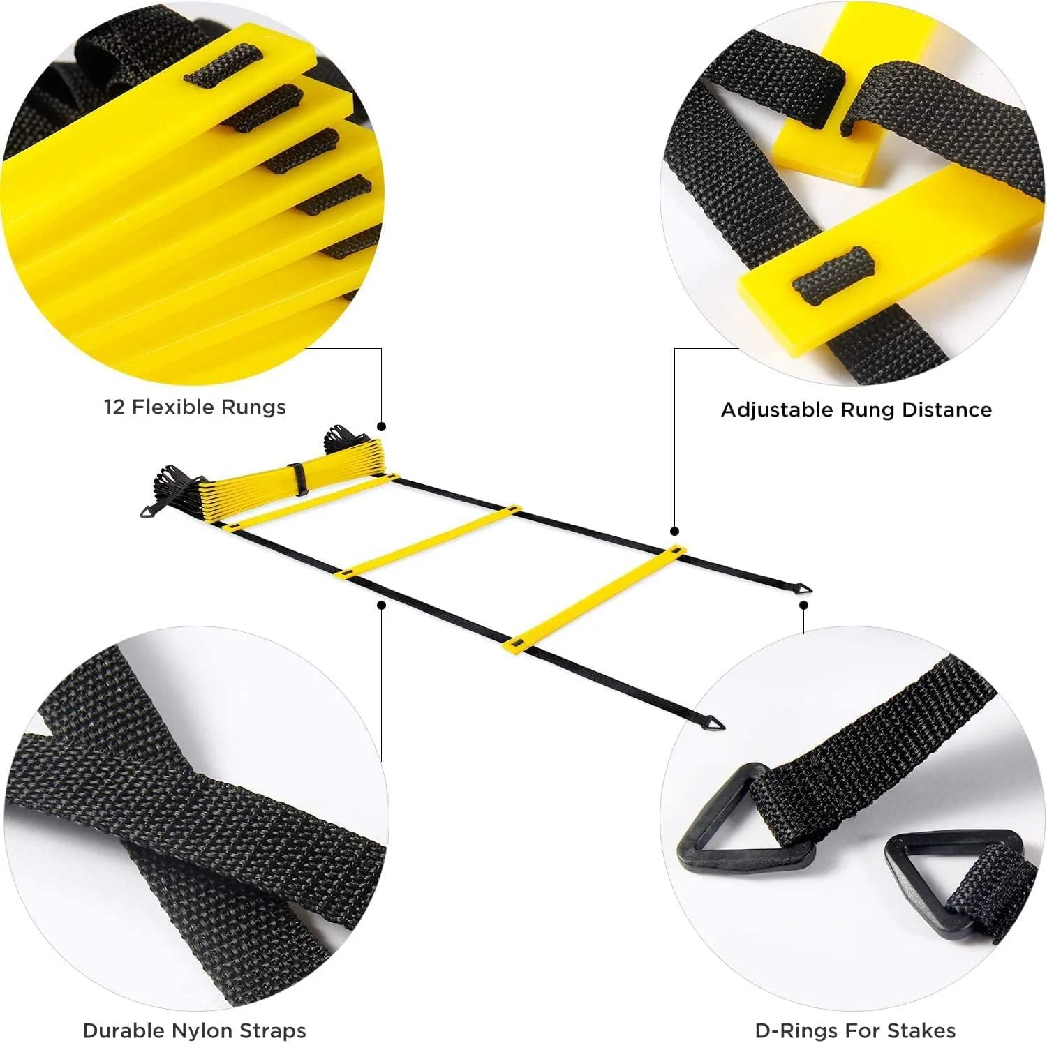 نردبان چابکی آرابست - نردبان سرعت 6 متری 12 پله ای با 12 مخروط چابکی و 4 میخ فولادی، تجهیزات تمرین سرعت با کیف حمل برای فوتبال، سرعت، تمرین ورزشی