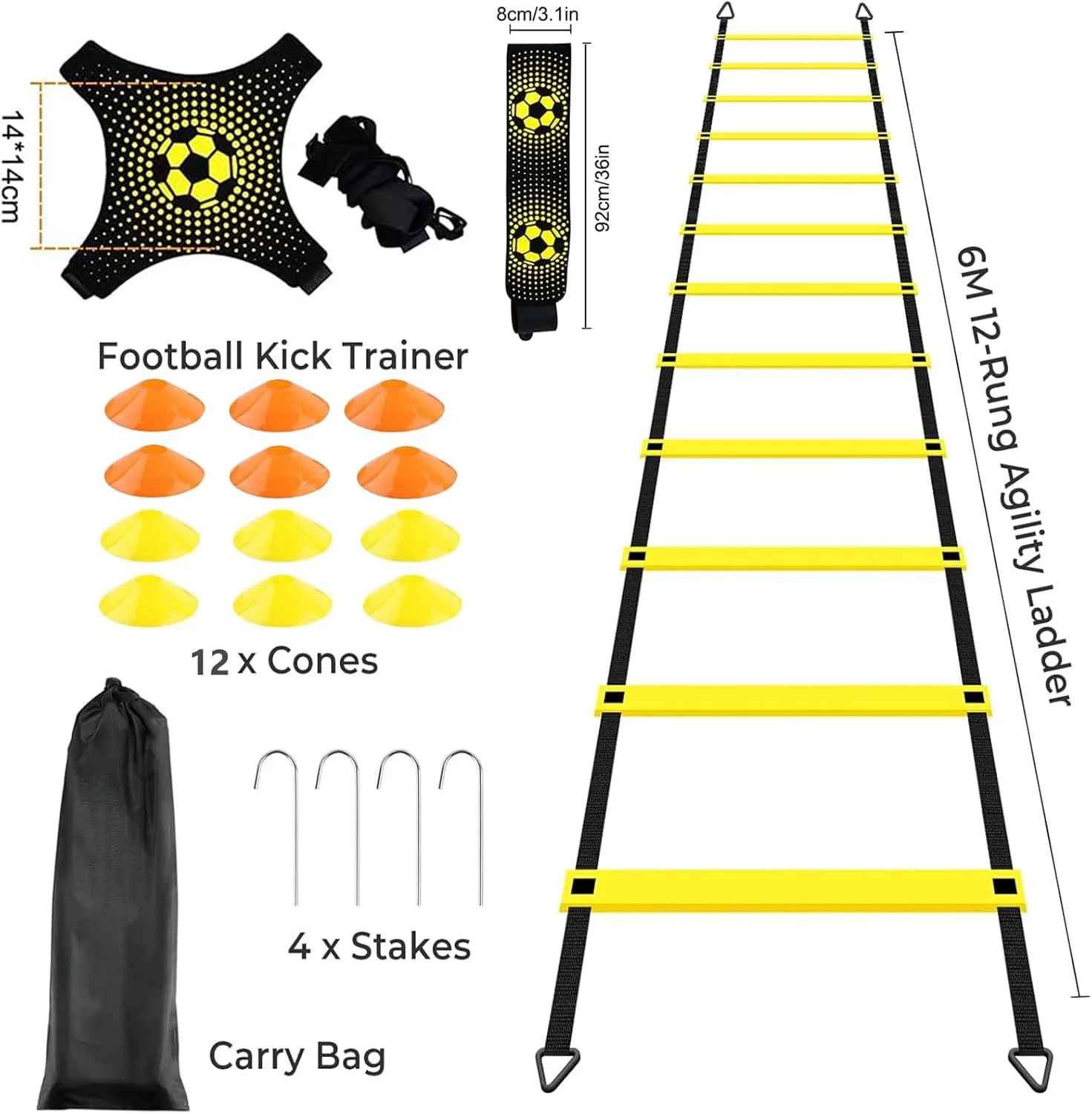 کیت تجهیزات تمرین چابکی فوتبال Angju، نردبان چابکی سرعت ورزشی 12 مخروط ورزشی و تمرین دهنده ضربه فوتبال، تجهیزات تمرین فوتبال تمرینات پا برای کودکان و بزرگسالان با کیف حمل