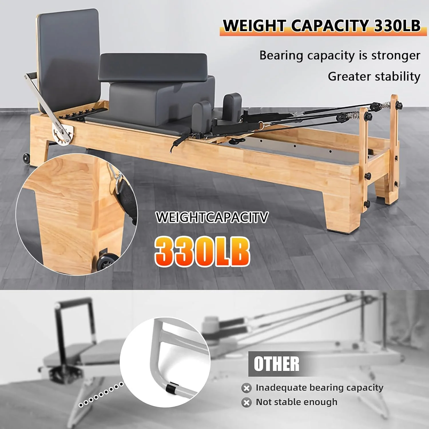 دستگاه پیلاتس ریفرمر، تخت پیلاتس چوبی جامد برای خانه، تجهیزات یوگا ورزشی، تخت ریفرمر یوگا، مناسب برای کاربران مبتدی و متوسط