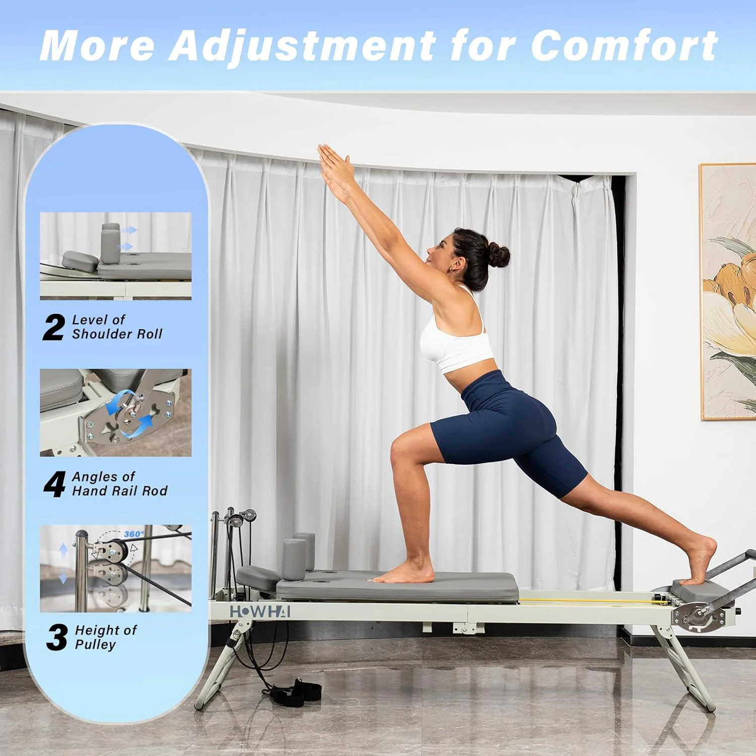 دستگاه پیلاتس ریفرمر تاشو مناسب باشگاه خانگی، تجهیزات پیلاتس ریفرمر برای کاربران مبتدی و پیشرفته، با مقاومت دوگانه، فنر و طناب، تخته پرش، تحمل وزن تا 180 کیلوگرم