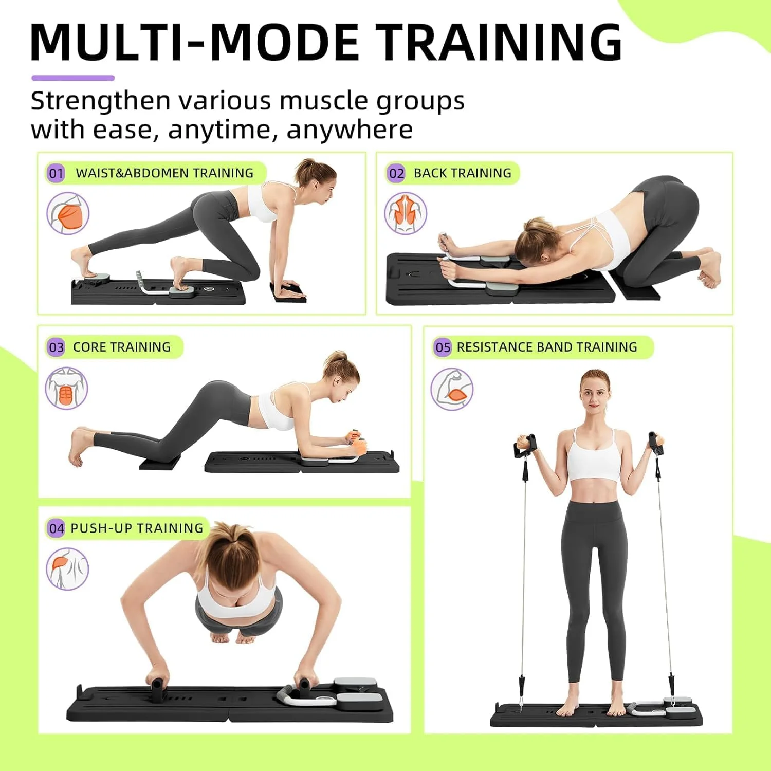 دستگاه پیلاتس قابل حمل برای باشگاه خانگی - تخته پیلاتس با قابلیت برگشت خودکار به همراه تمرین دهنده عضلات شکم و تمرین کل بدن | تجهیزات پیلاتس حرفه ای برای آقایان/بانوان