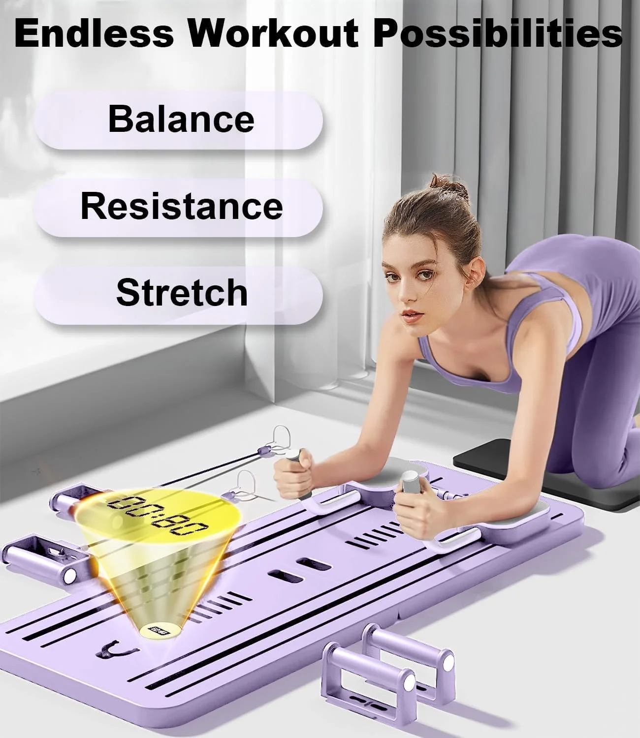 تخته پیلاتس، ست دستگاه ریفرمر پیلاتس، تخته ریفرمر پیلاتس تاشو چند منظوره، تجهیزات تمرین شکم با فلکسی‌بندهای پیلاتس برای کاربران مبتدی و پیشرفته با تایمر