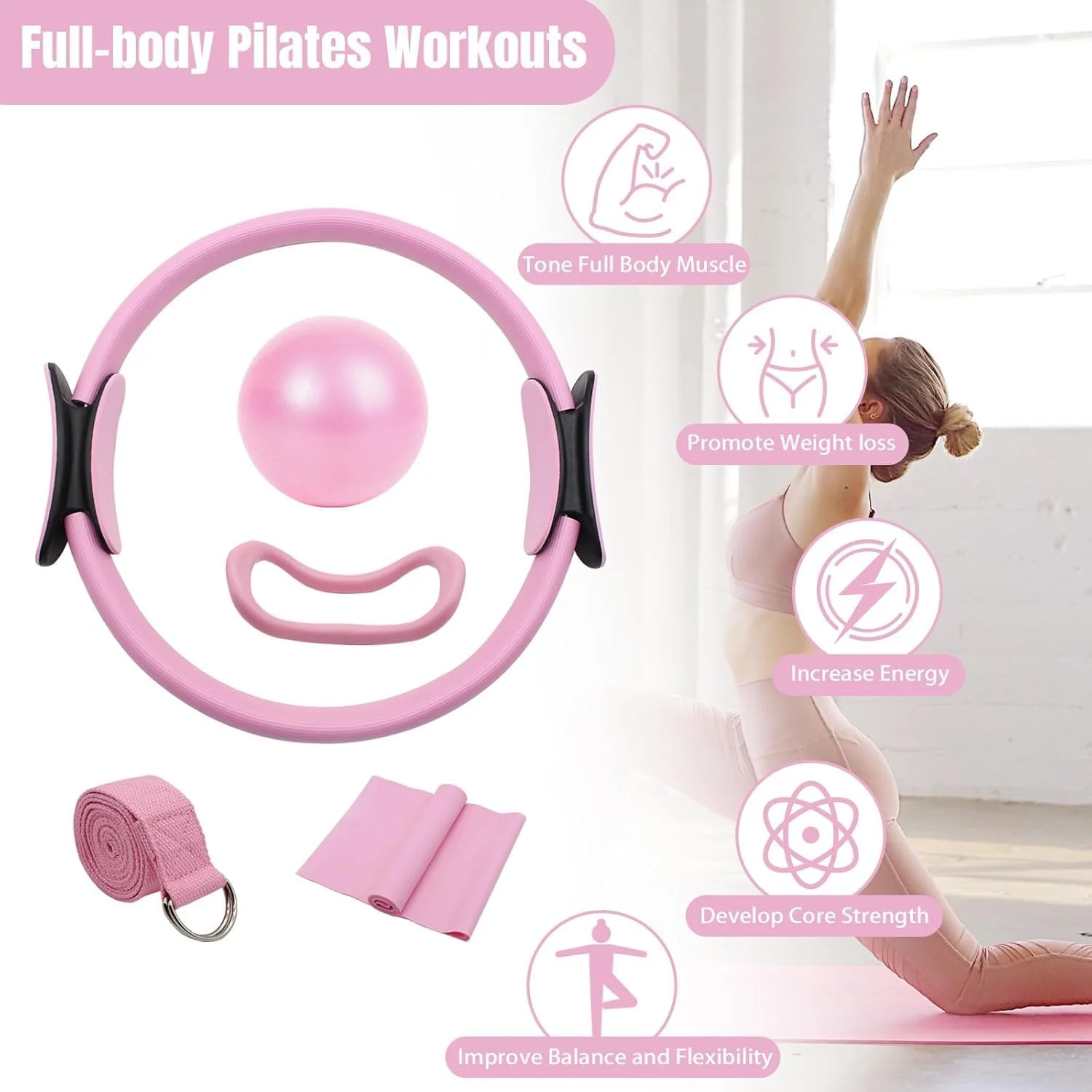 ست لوازم ضروری پیلاتس 5 تکه برای بانوان، ست تجهیزات تمرینات خانگی با توپ 25 سانتی‌متری، حلقه جادویی، لوازم جانبی، مناسب برای مبتدیان برای فرم دهی و تناسب اندام