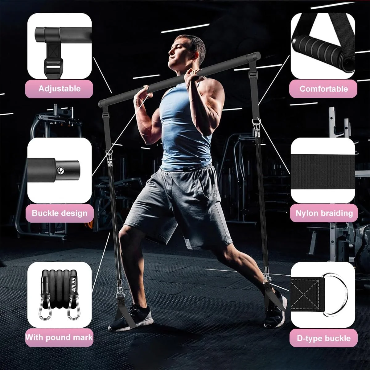 ست میله پیلاتس، کیت میله باند مقاومتی چند منظوره با 6 باند تمرینی، لنگر درب، دستگیره، کیف قابل حمل، بند پا، تجهیزات ورزشی برای تقویت عضلات، تمرین یوگا در باشگاه خانگی