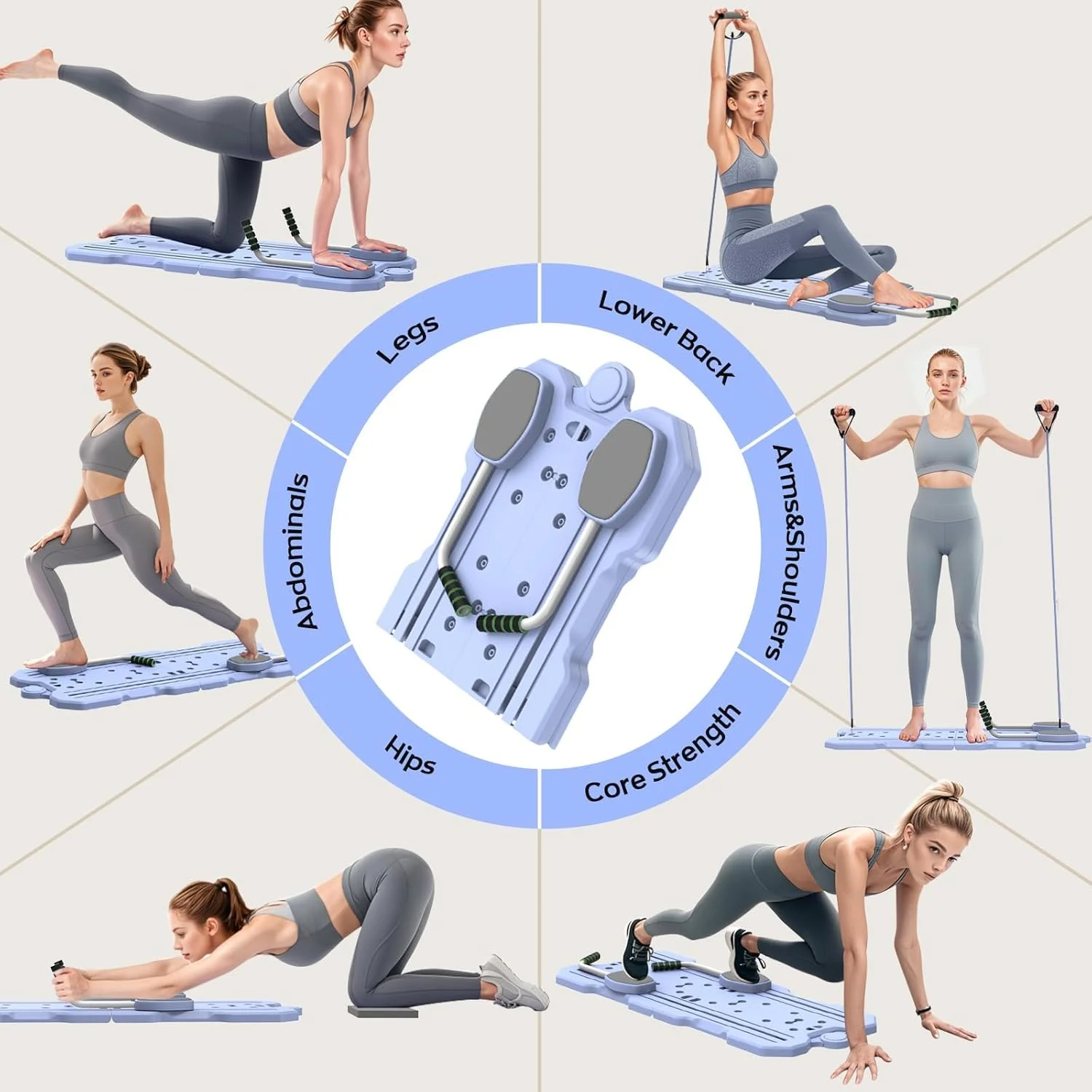 دستگاه پیلاتس تاشو با غلتک شکم، تخته تمرین چند منظوره قابل حمل برای کل بدن، تجهیزات ورزشی خانگی جمع و جور برای پیلاتس، مجموعه تمرینات قدرتی هسته بدن با لوازم جانبی