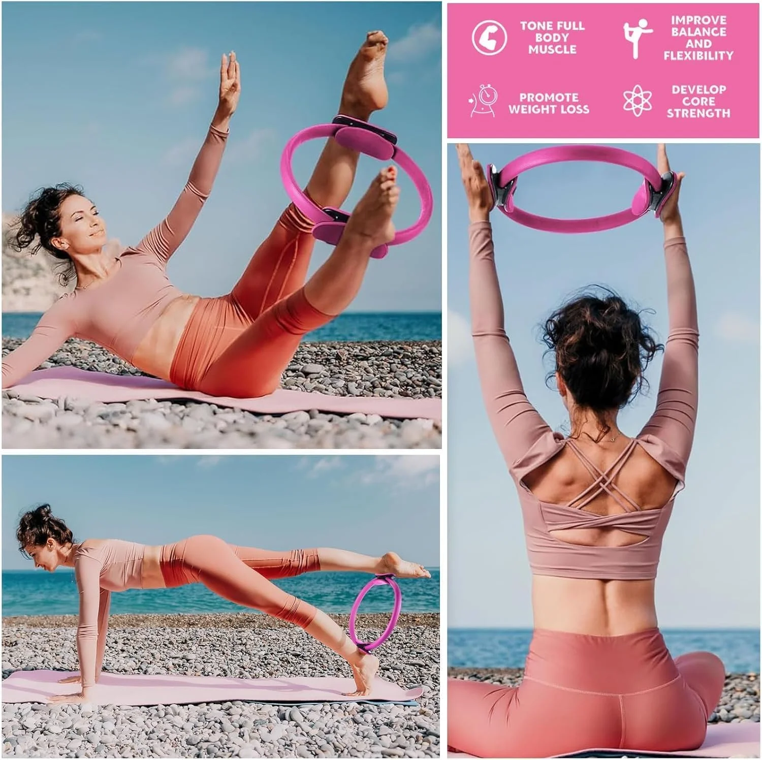 ست حلقه پیلاتس 5 تکه | حلقه جادویی (25 سانتی متر) + توپ پیلاتس + کش های مقاومتی | تجهیزات تمرین خانگی برای بانوان | هدیه ای عالی برای تمرینات تناسب اندام و یوگا