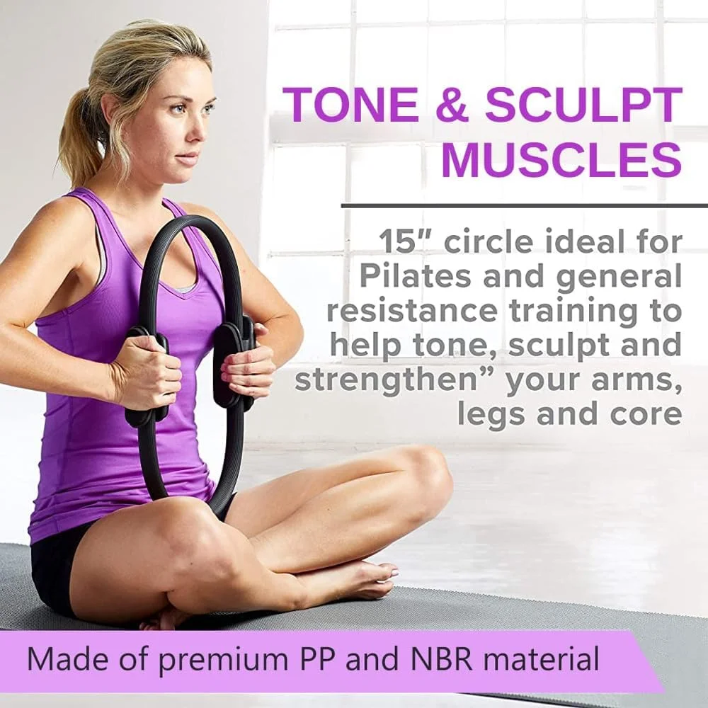 حلقه پیلاتس AMERTEER 15 اینچی - دسته های فوم دار سبک و بادوام | تجهیزات ورزشی مقاومتی انعطاف پذیر برای تقویت بازوها، ران/پاها و هسته بدن، مشکی