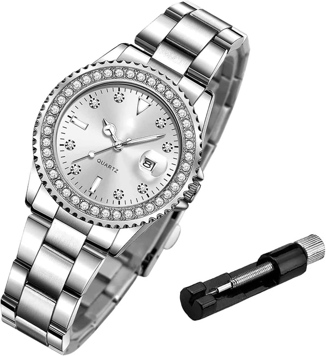 ساعت مچی زنانه NALACAL با نگین، ساعت زنانه کوارتز آنالوگ استیل ضد زنگ دو رنگ ضد آب شب تاب تاریخ روز برای هدیه بانوان