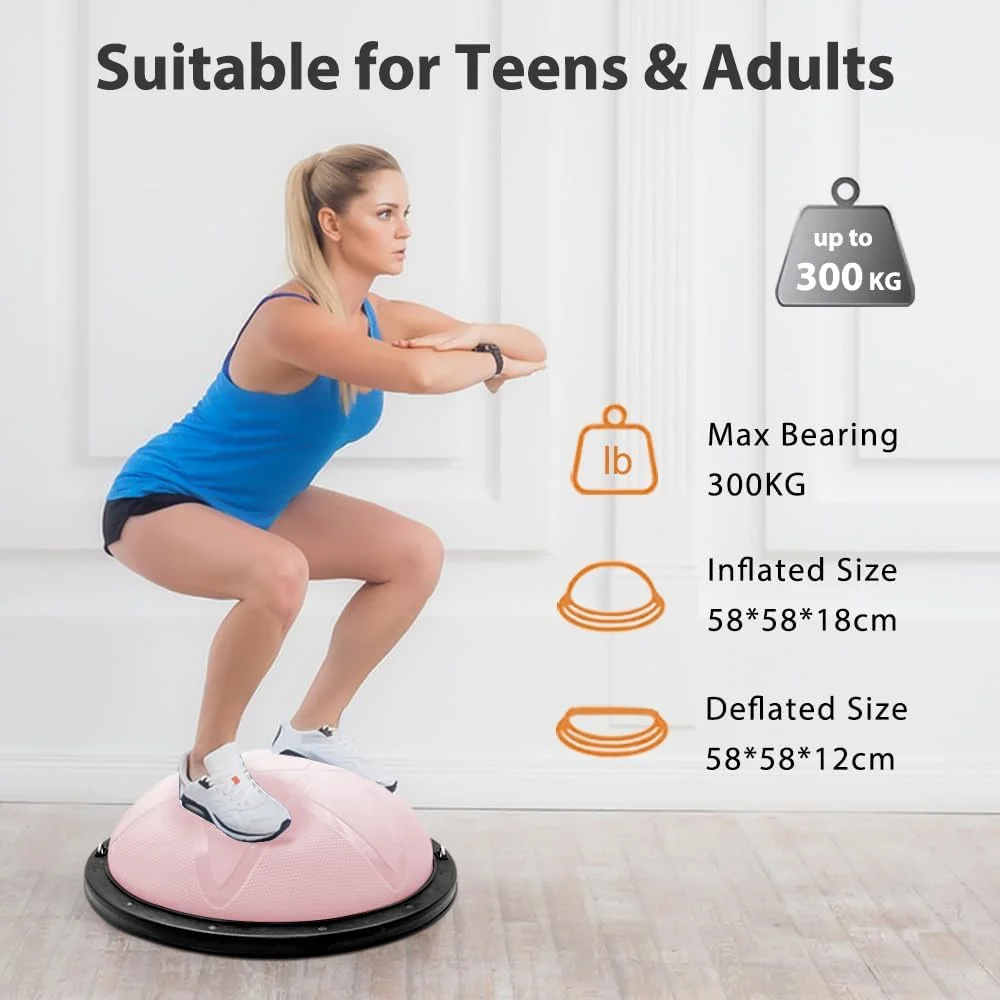 توپ تعادلی نیمه 300 کیلوگرمی، ست 7 تکه توپ تعادلی نیمه با 2 کش مقاومتی، توپ یوگا و پمپ پا، توپ ثبات 58 سانتی متری