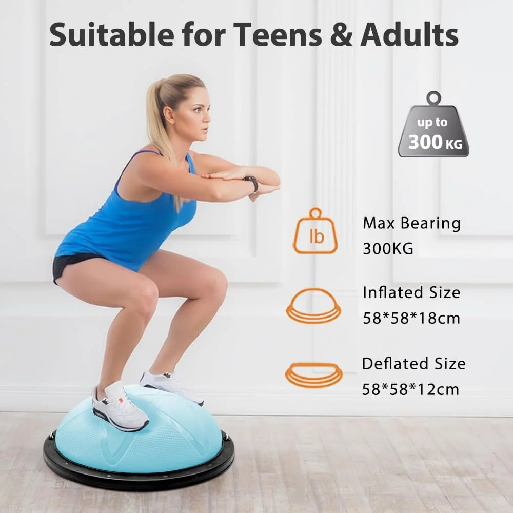 توپ تعادل نیمه 300 کیلوگرمی، ست تمرین توپ تعادل نیمه 7 تکه با 2 کش مقاومتی، توپ یوگا و پمپ پا، توپ ثبات 58 سانتی متری