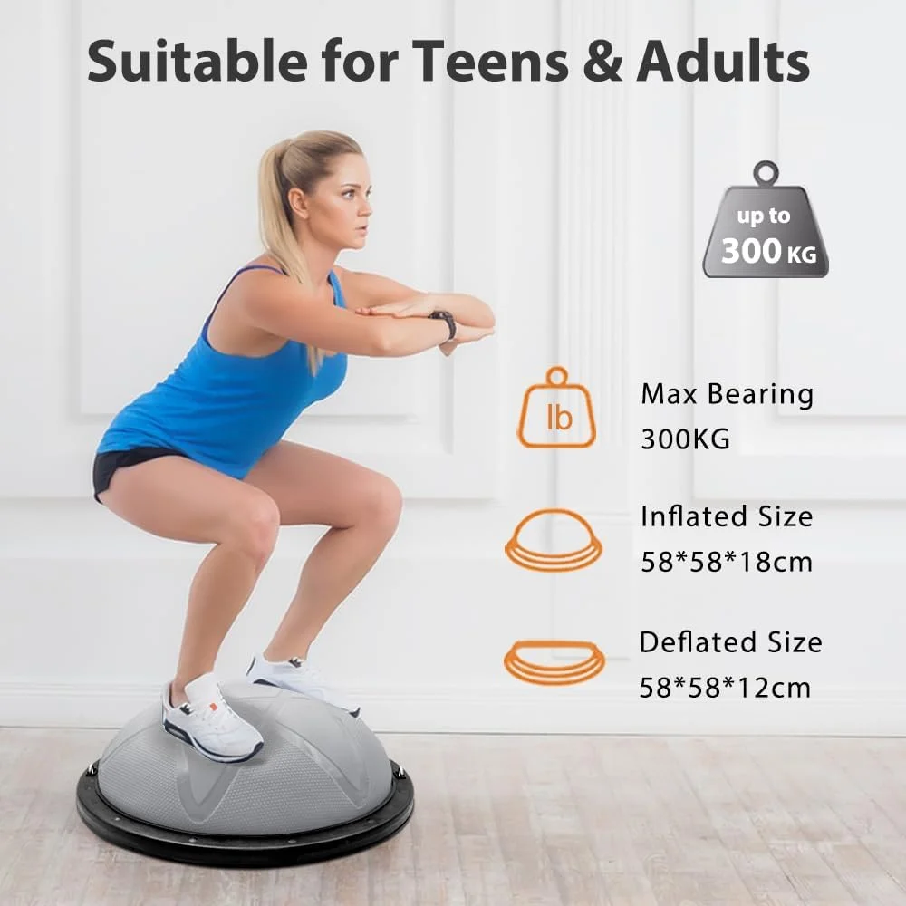 توپ تعادل نیمه 300 کیلوگرمی، ست 7 تکه توپ تعادل نیمه ورزشی با 2 کش مقاومتی، توپ یوگا و پمپ پا، توپ ثبات 58 سانتی متری