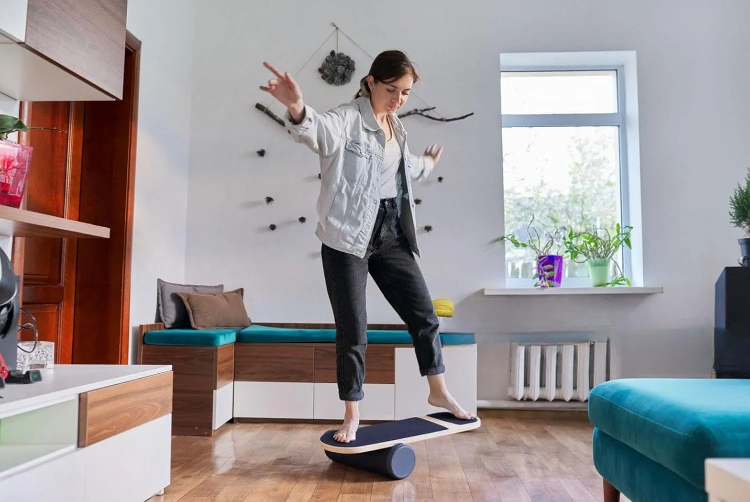 تخته تعادل THE WHITE SHOP برای بزرگسالان به همراه غلتک - تجهیزات تمرینات مرکزی بدن برای تمرینات ورزشی، اسکیت برد، موج سواری و اسنوبرد